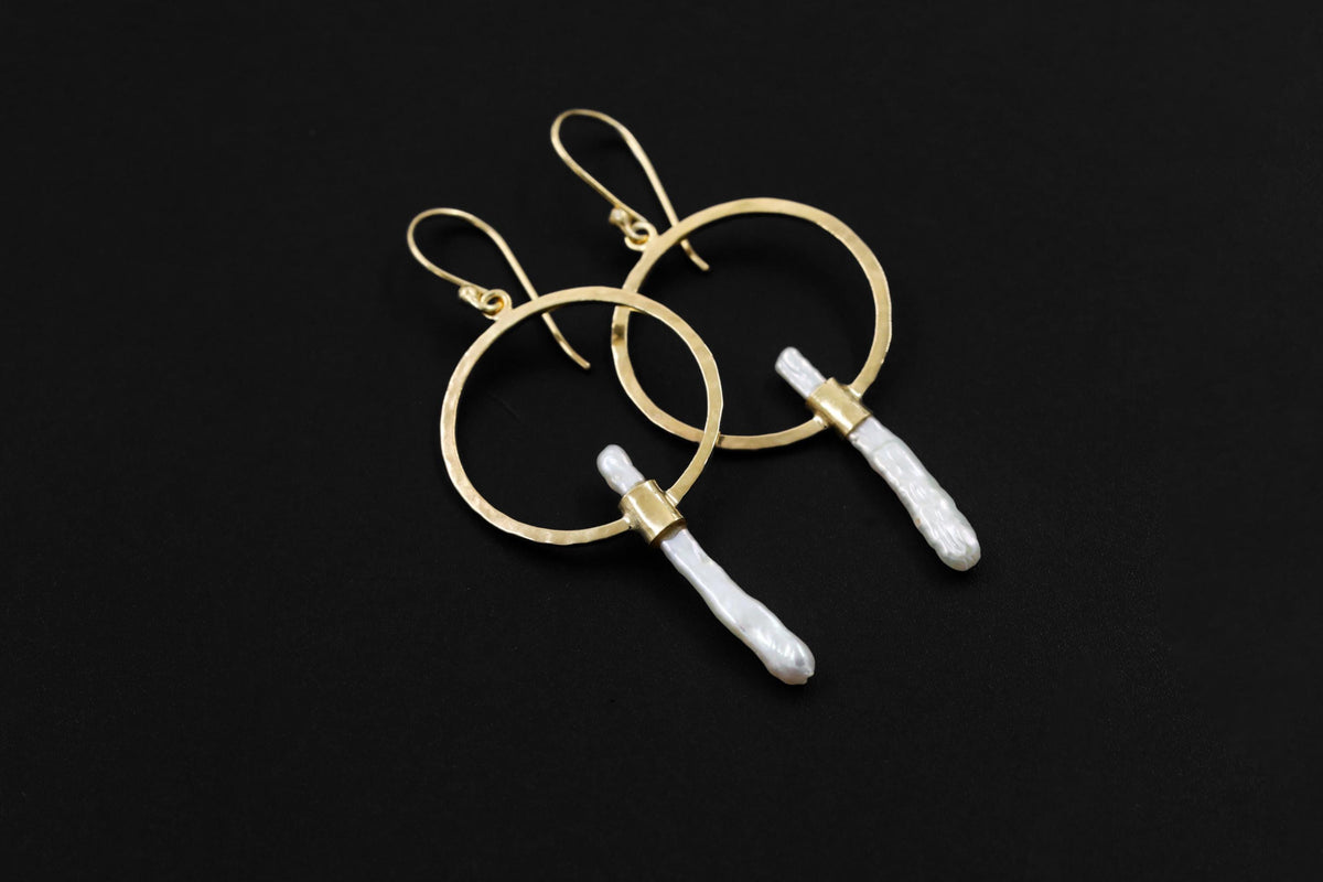 Long Baroque Pearl Dangle Hoop Earrings Hammer Textured Sterling Silver 18k Gold Plated Circle Portal Cancer Zodiac Third Eye Unique Gift