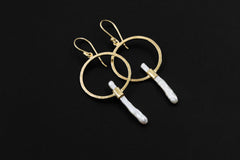 Long Baroque Pearl Dangle Hoop Earrings Hammer Textured Sterling Silver 18k Gold Plated Circle Portal Cancer Zodiac Third Eye Unique Gift