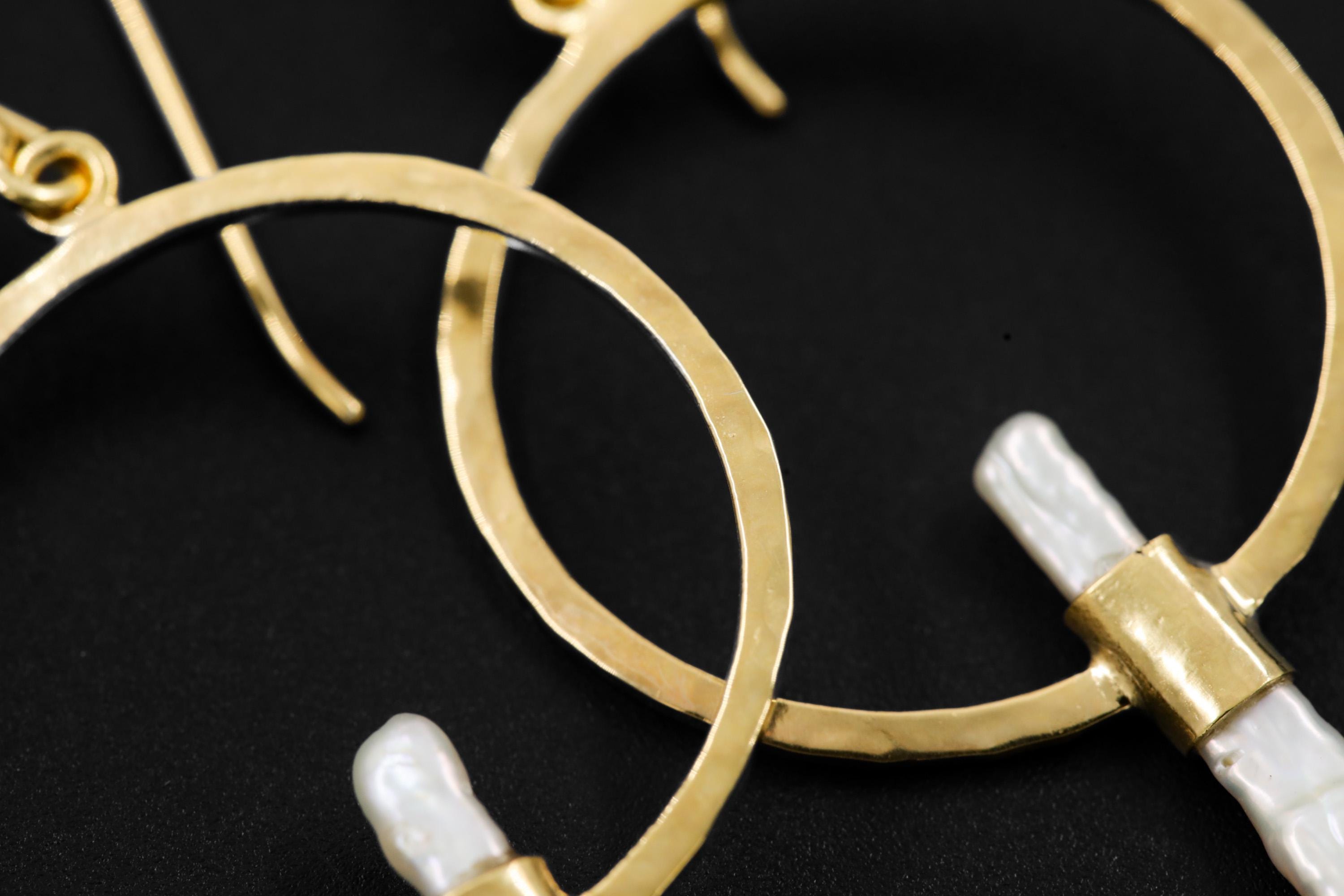 Long Baroque Pearl Dangle Hoop Earrings Hammer Textured Sterling Silver 18k Gold Plated Circle Portal Cancer Zodiac Third Eye Unique Gift
