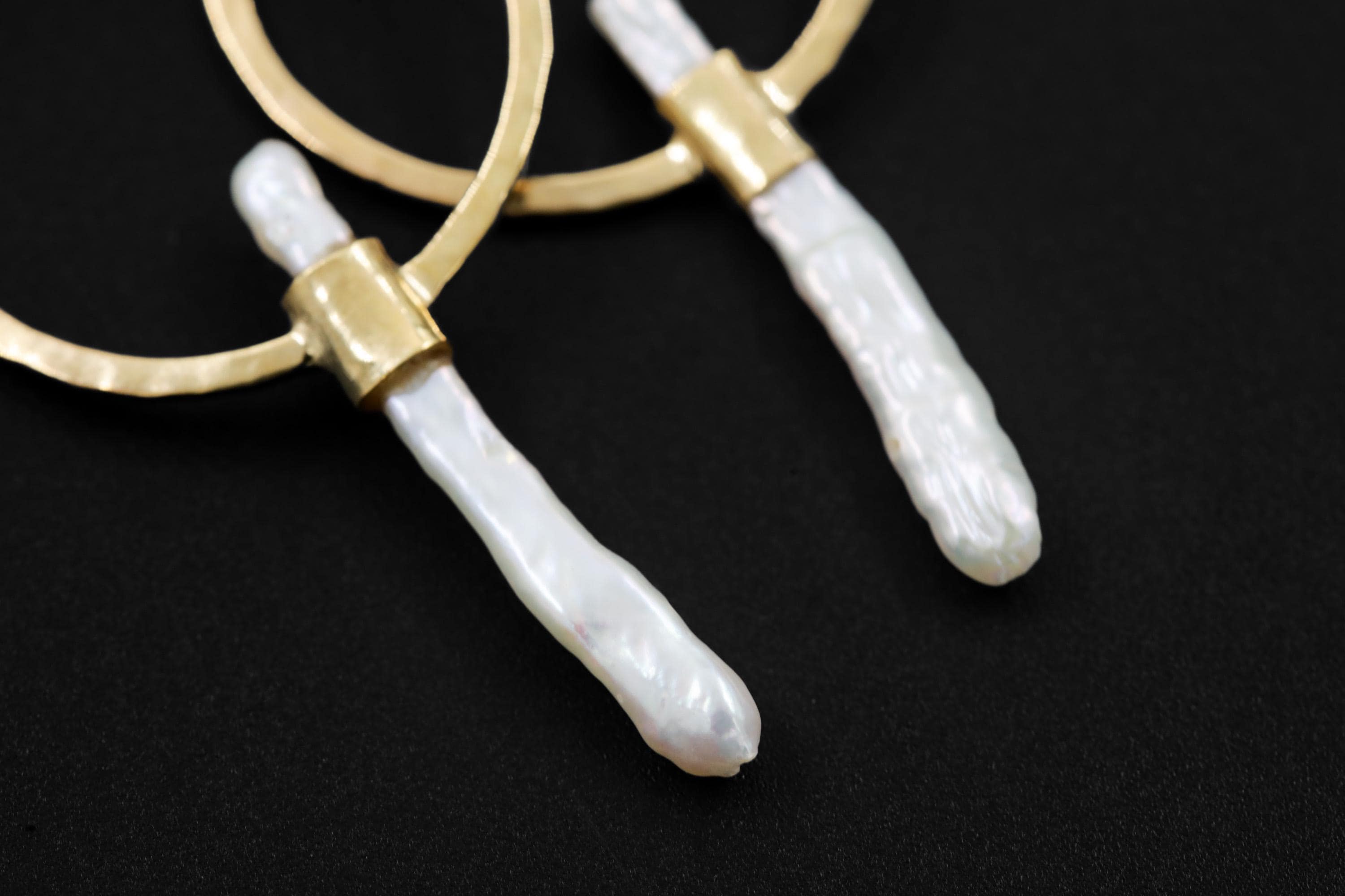 Long Baroque Pearl Dangle Hoop Earrings Hammer Textured Sterling Silver 18k Gold Plated Circle Portal Cancer Zodiac Third Eye Unique Gift
