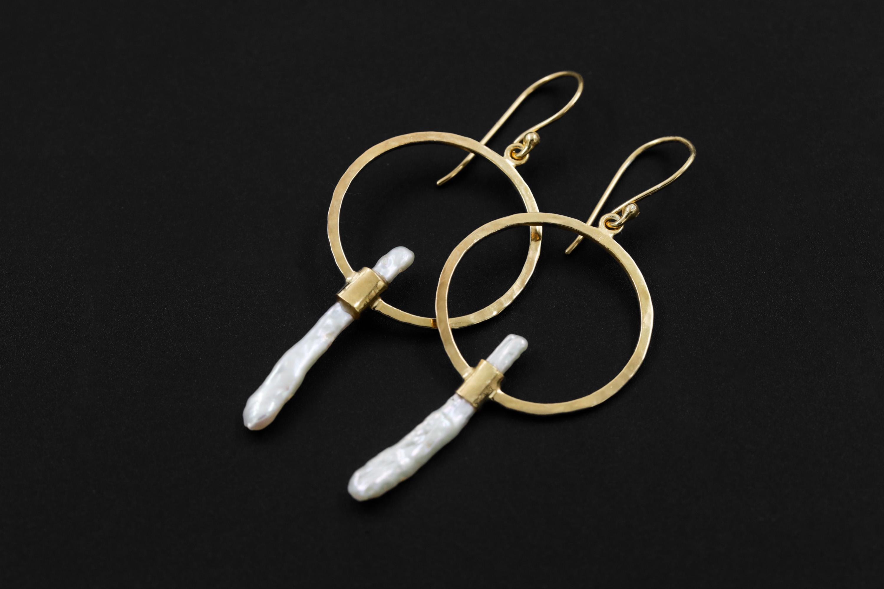 Long Baroque Pearl Dangle Hoop Earrings Hammer Textured Sterling Silver 18k Gold Plated Circle Portal Cancer Zodiac Third Eye Unique Gift