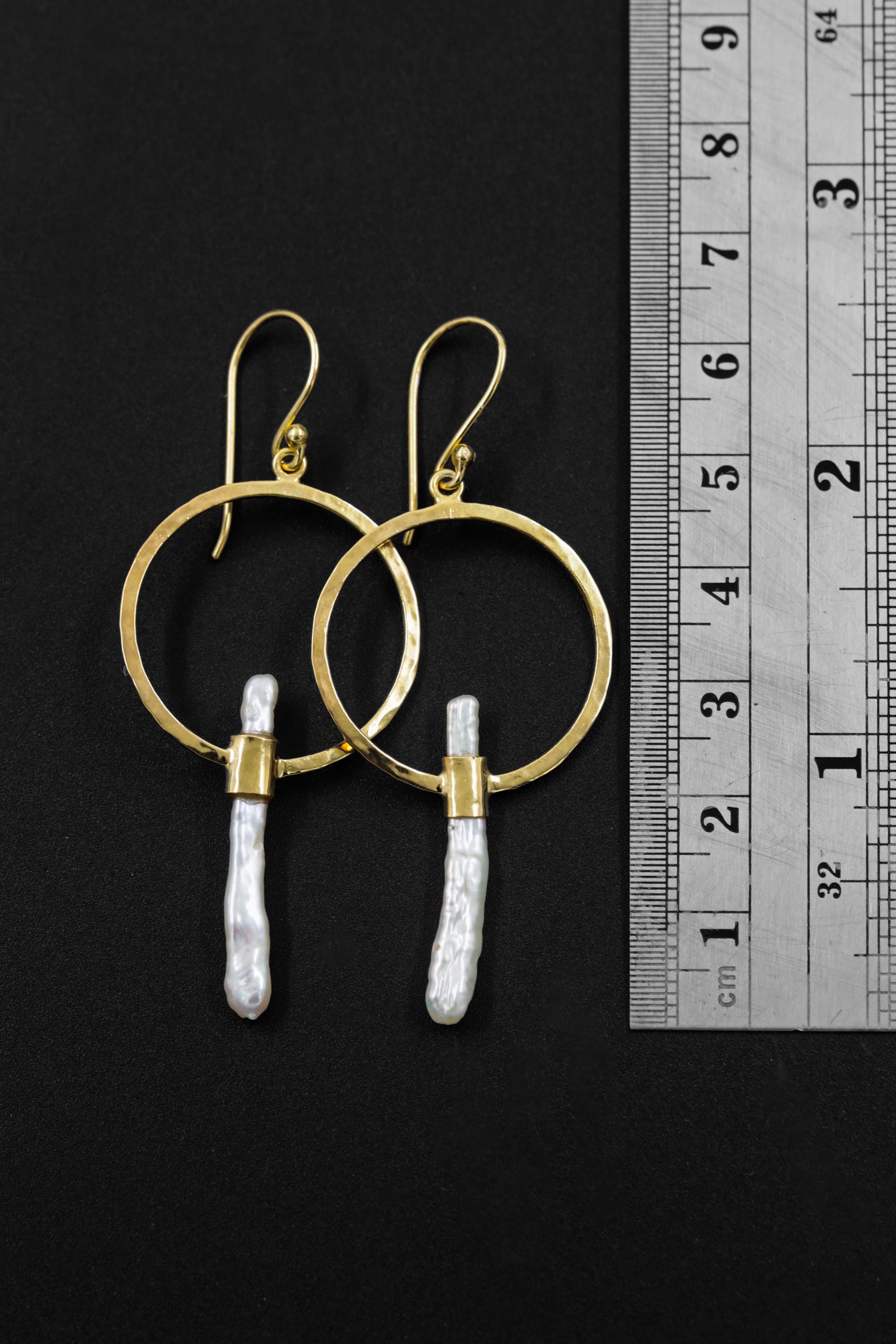 Long Baroque Pearl Dangle Hoop Earrings Hammer Textured Sterling Silver 18k Gold Plated Circle Portal Cancer Zodiac Third Eye Unique Gift