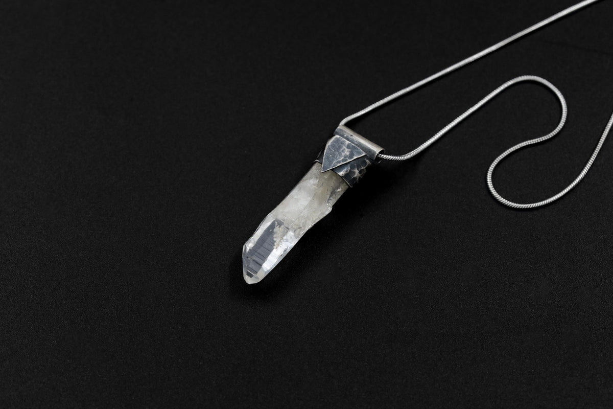 Clear Lemurian Quartz Point Pendant, Oxidized Hammered Sterling Silver, Stackable Crystal Necklace, Crown Chakra, Unique Gift, NO/24
