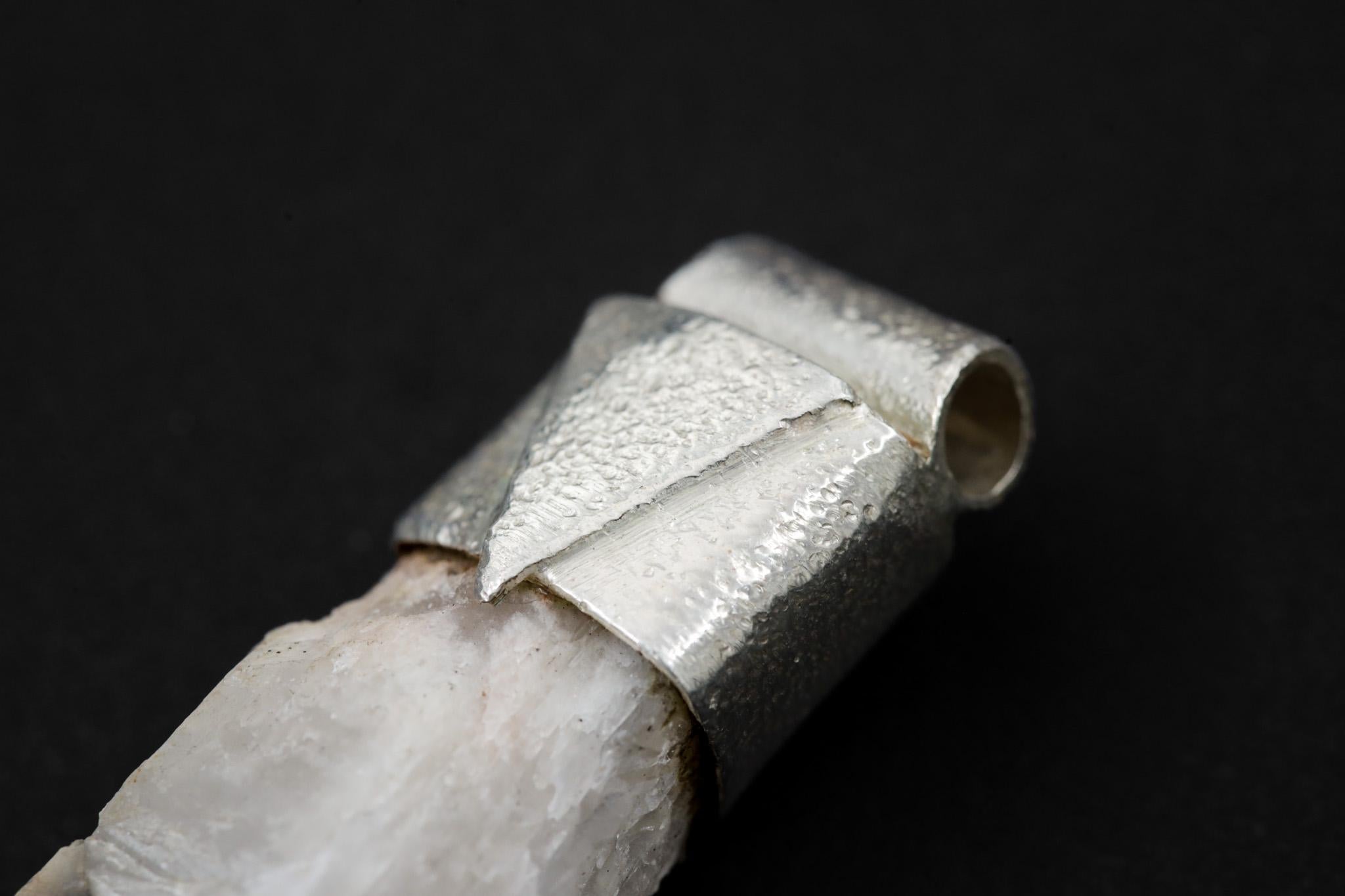 Australian Drusy White Phantom Quartz Point Stack Pendant, Organic Textured 925 Sterling Silver, Crown Chakra, Capricorn Zodiac, Unique Gift