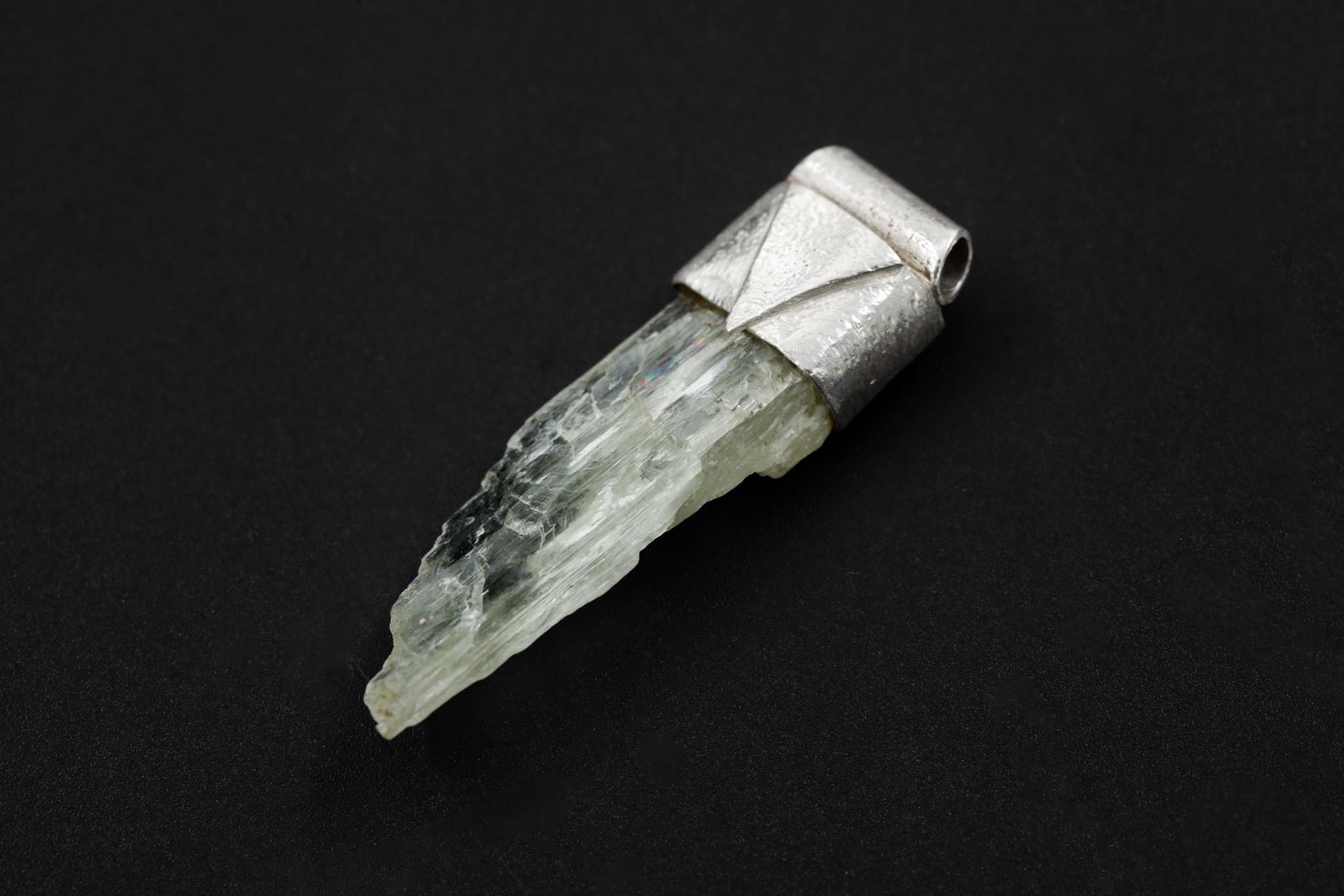 Hiddenite Crystal Pendant: Sterling Silver, Heart Chakra Healing