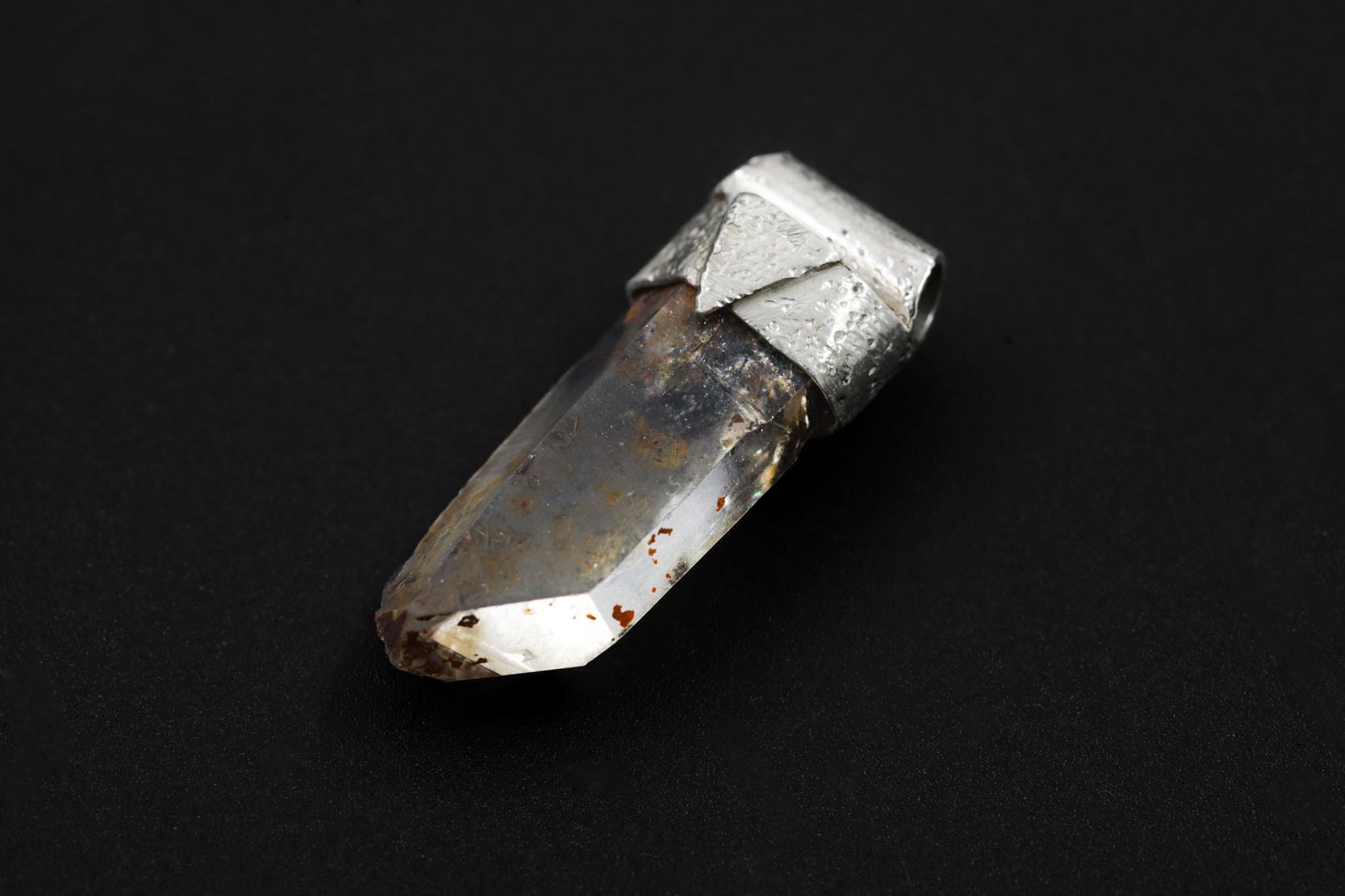 Pyrite Quartz Point Sterling Silver Pendant: Textured Organic Bezel