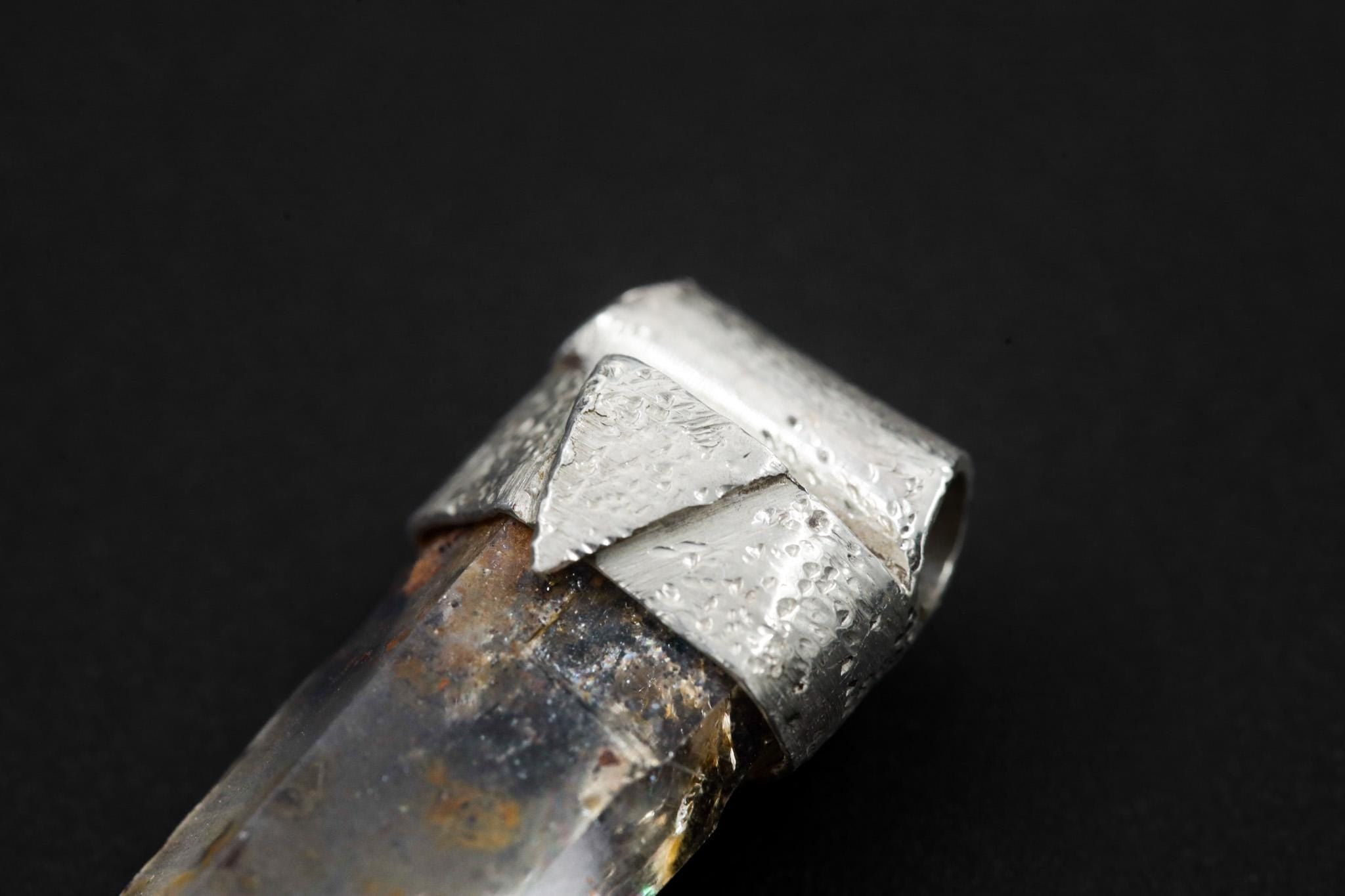 Natural Pyrite Inclusion Quartz Point Stack Pendant, Organic Textured Sterling Silver, Solar Plexus Chakra, Leo ,Protection, Unique Gift
