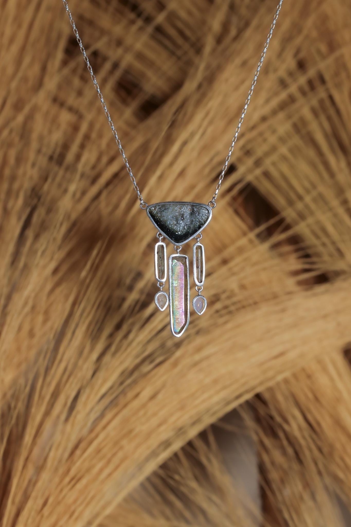 Slice of Gem Blue tourmaline, Raw Aquamarine sticks, Lemurian Angel Aura Quartz, Blue Moonstone Necklace, 925 Silver, High Shine Finish