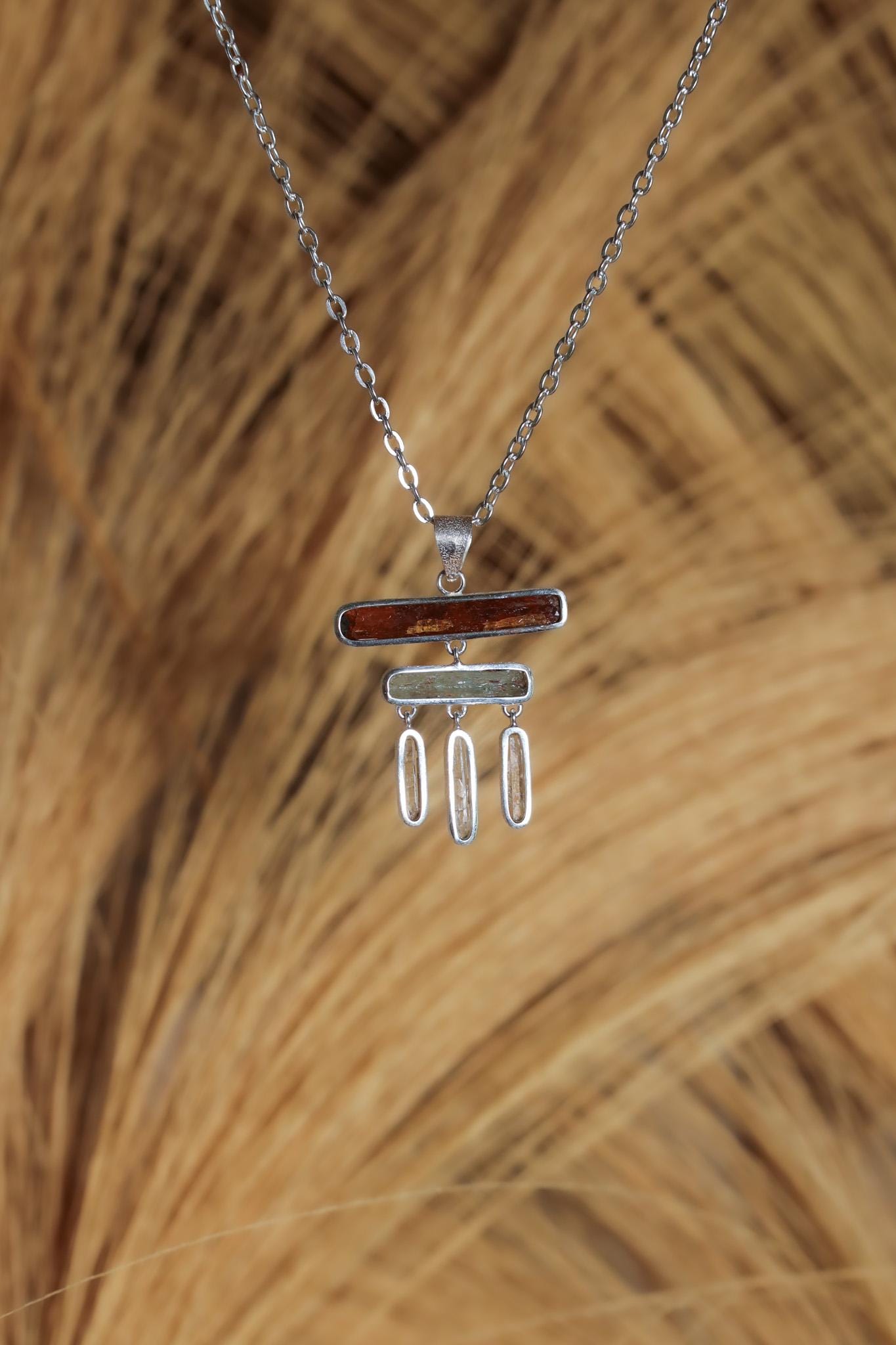 Raw Red Kyanite Aquamarine Pendant: Sterling Silver Healing Necklace