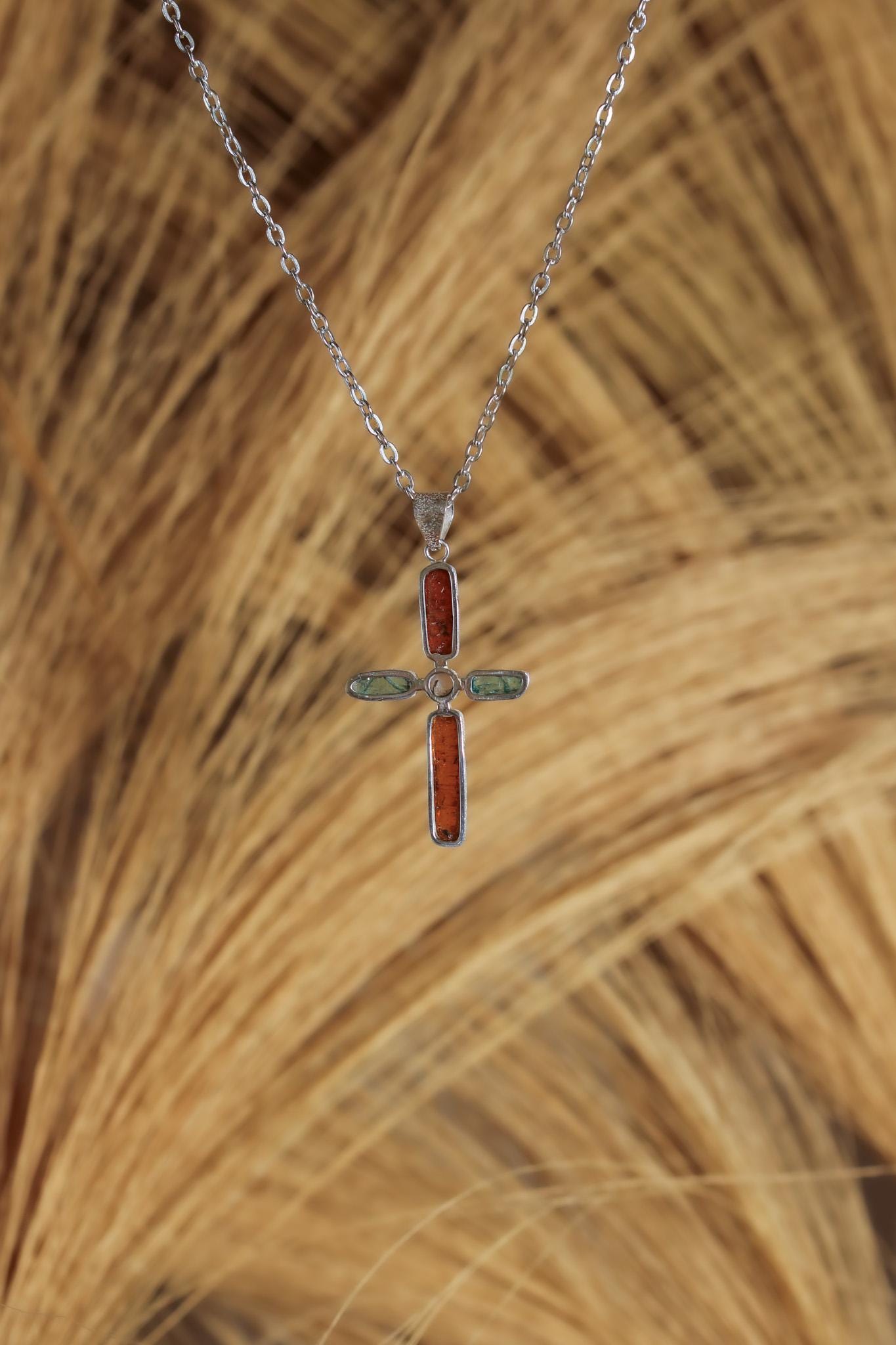 Red Kyanite Moonstone Cross Pendant: Raw Stone 925 Sterling Silver