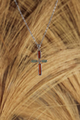 Red Kyanite Moonstone Cross Pendant: Raw Stone 925 Sterling Silver