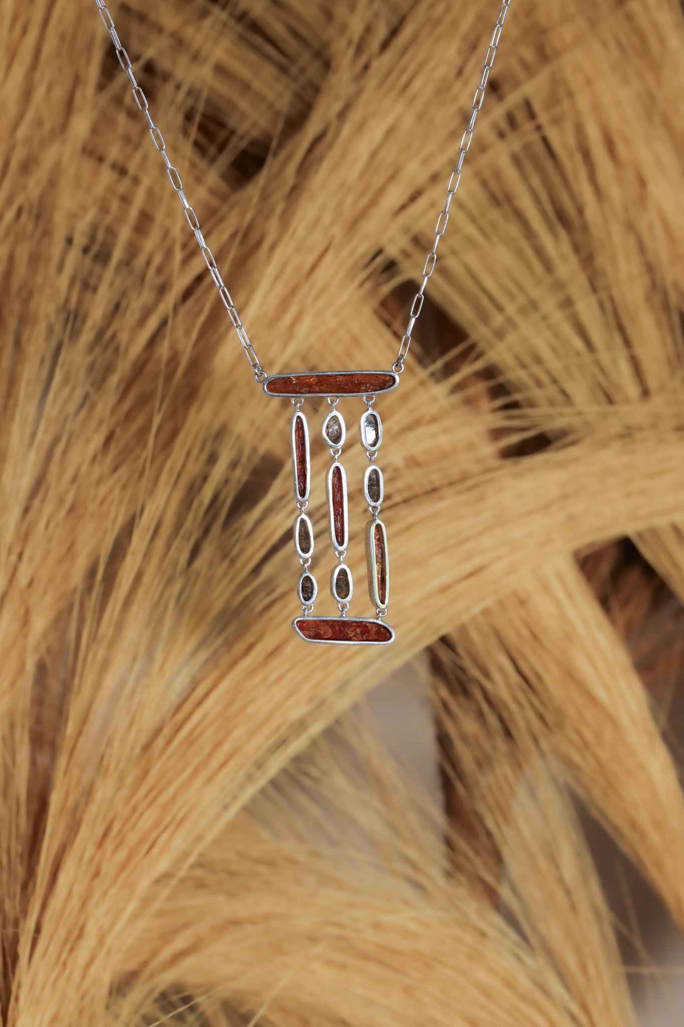 Red Kyanite & Petroleum Smoky Quartz Dangle Necklace, Sterling Silver, Organic Textured Finish, Raw Crystal Necklace, Boho Statement Jewelry