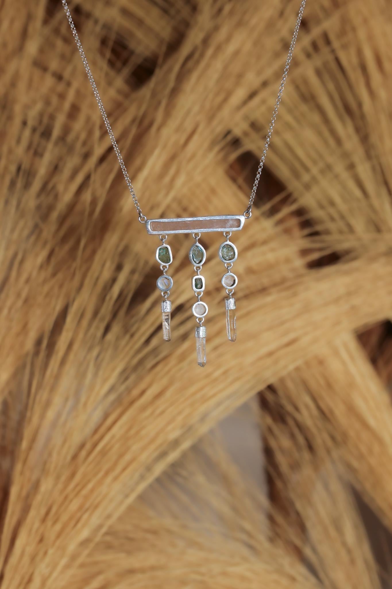 Pink Kunzite, Blue Apatite, Moonstone, Clear Quartz Necklace, 925 Silver, Raw Crystal Dangle, Feminine Energy Jewelry, Spiritual Boho Gift