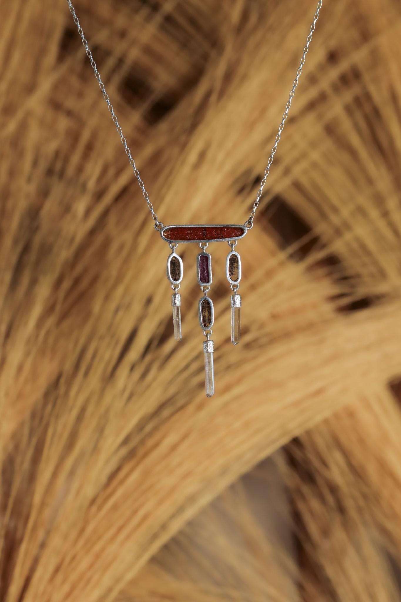 Red Kyanite, Ruby, Petroleum Smoky Quartz, Clear Quartz Necklace, 925 Silver Totem Pendant, Raw Crystal, Spiritual Jewelry, Statement Gift