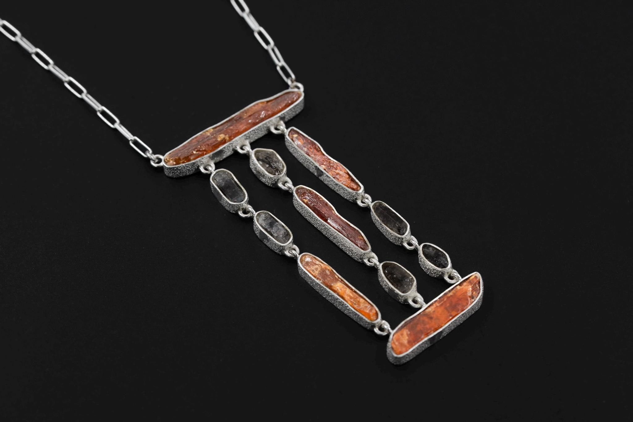 Red Kyanite & Petroleum Smoky Quartz Dangle Necklace, Sterling Silver, Organic Textured Finish, Raw Crystal Necklace, Boho Statement Jewelry