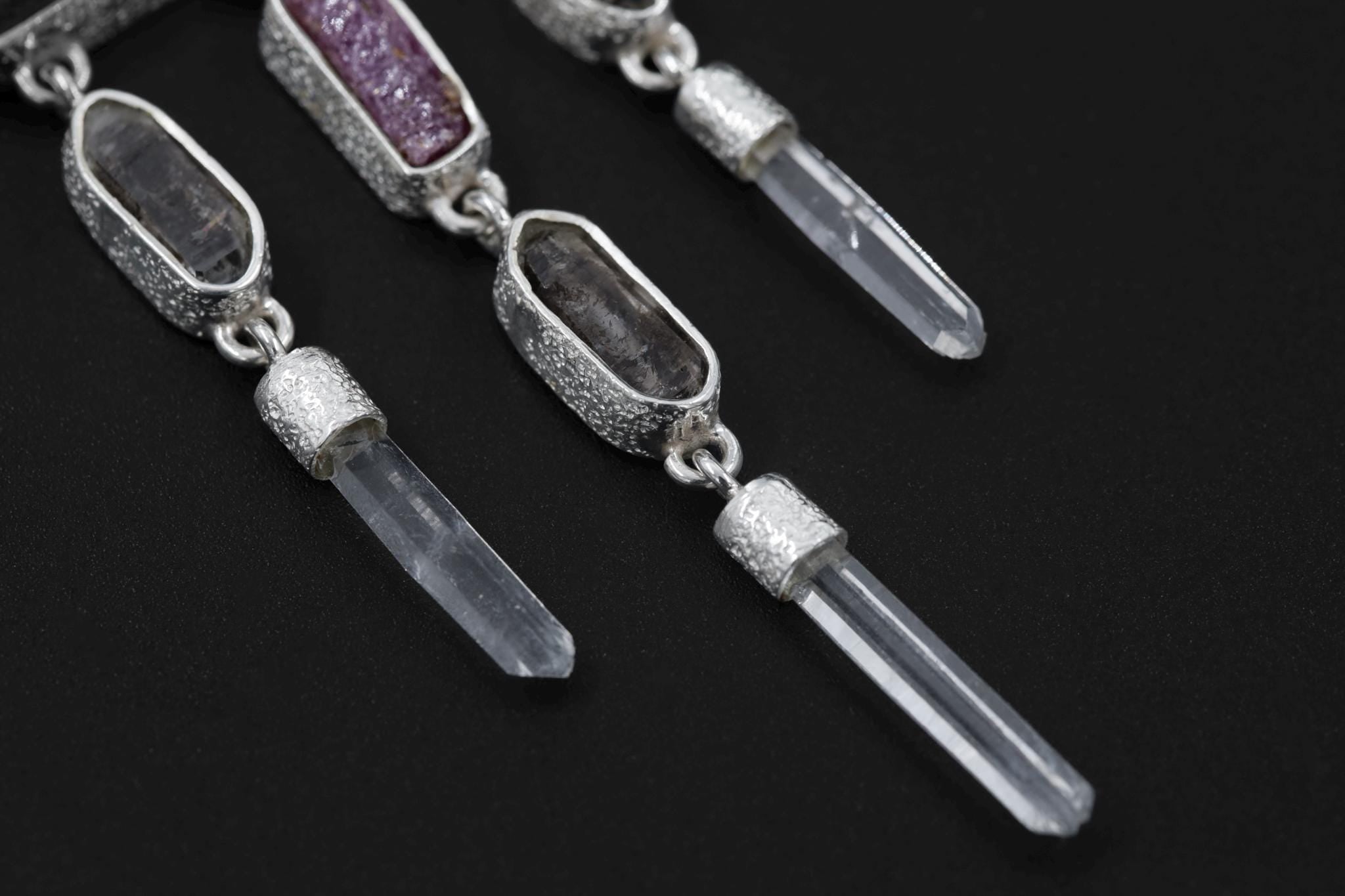 Red Kyanite, Ruby, Petroleum Smoky Quartz, Clear Quartz Necklace, 925 Silver Totem Pendant, Raw Crystal, Spiritual Jewelry, Statement Gift