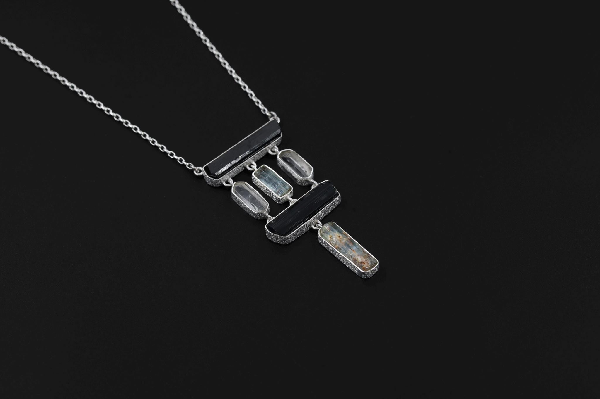 Black tourmaline Wand, Double Terminated Quartz Points, and Aquamarine Stick 925 Silver, High Shine Finish, Energy Protection Gift