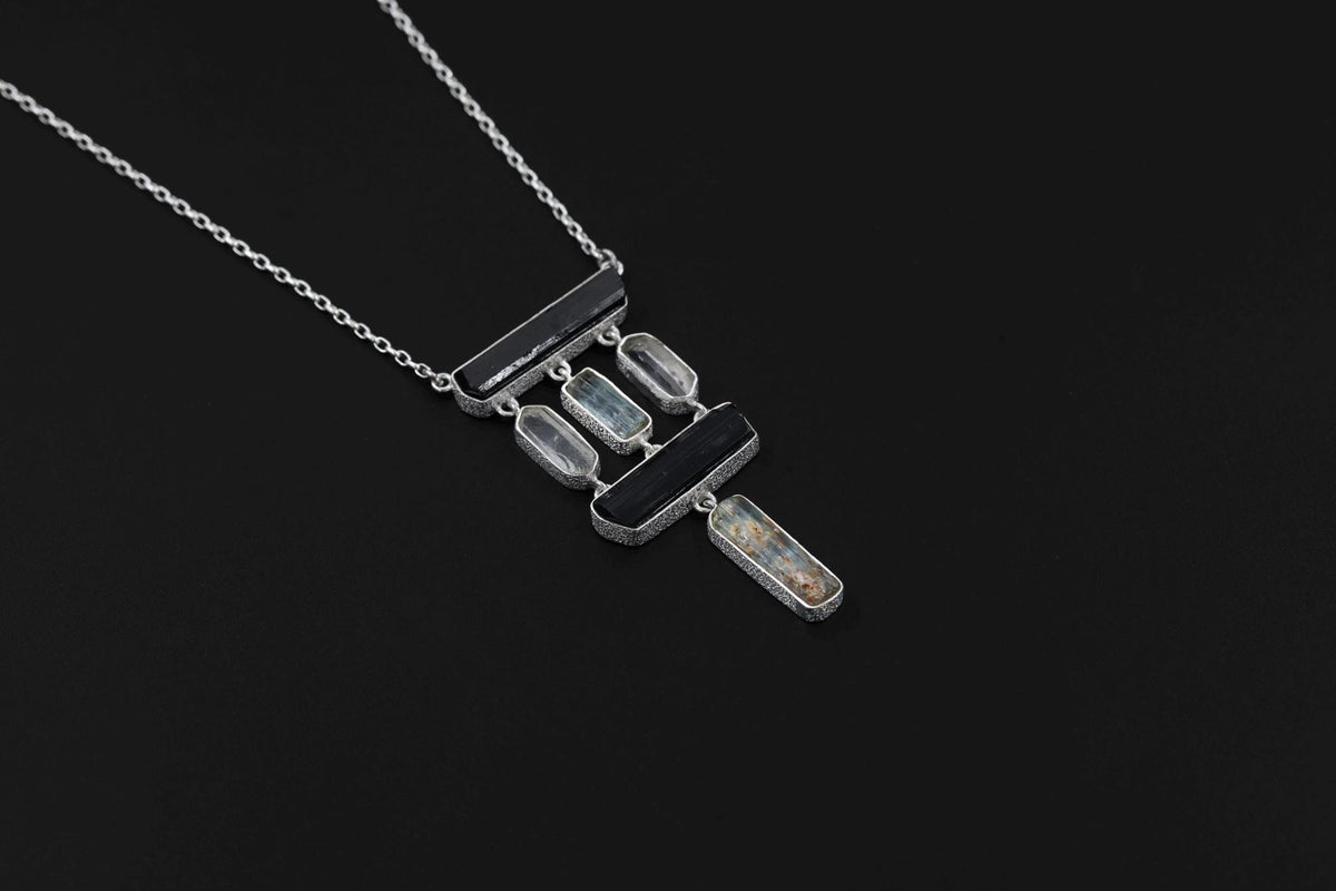 Black tourmaline Wand, Double Terminated Quartz Points, and Aquamarine Stick 925 Silver, High Shine Finish, Energy Protection Gift