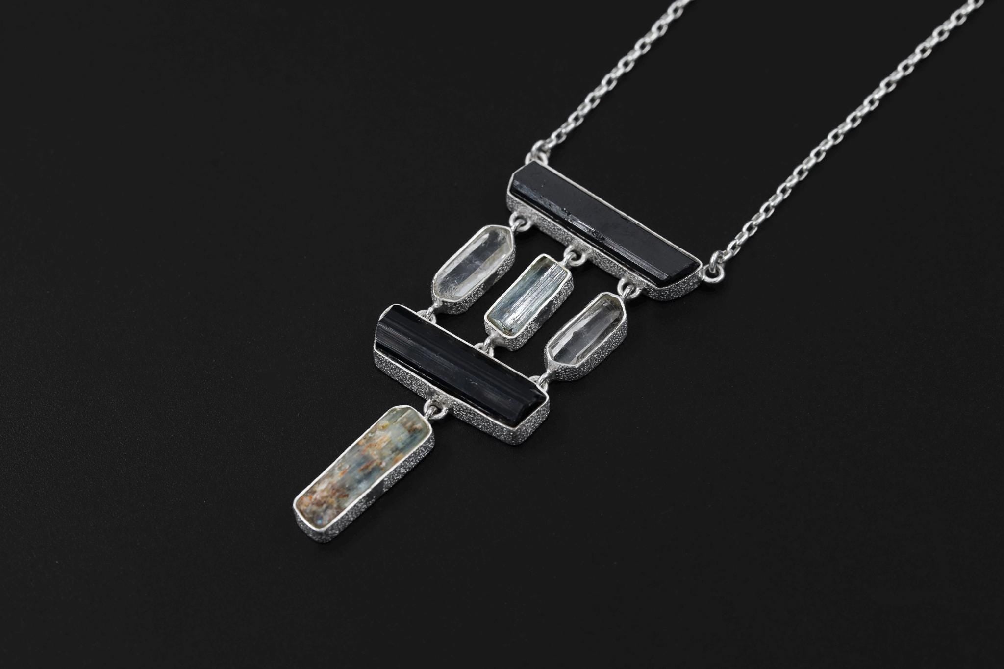 Black tourmaline Wand, Double Terminated Quartz Points, and Aquamarine Stick 925 Silver, High Shine Finish, Energy Protection Gift