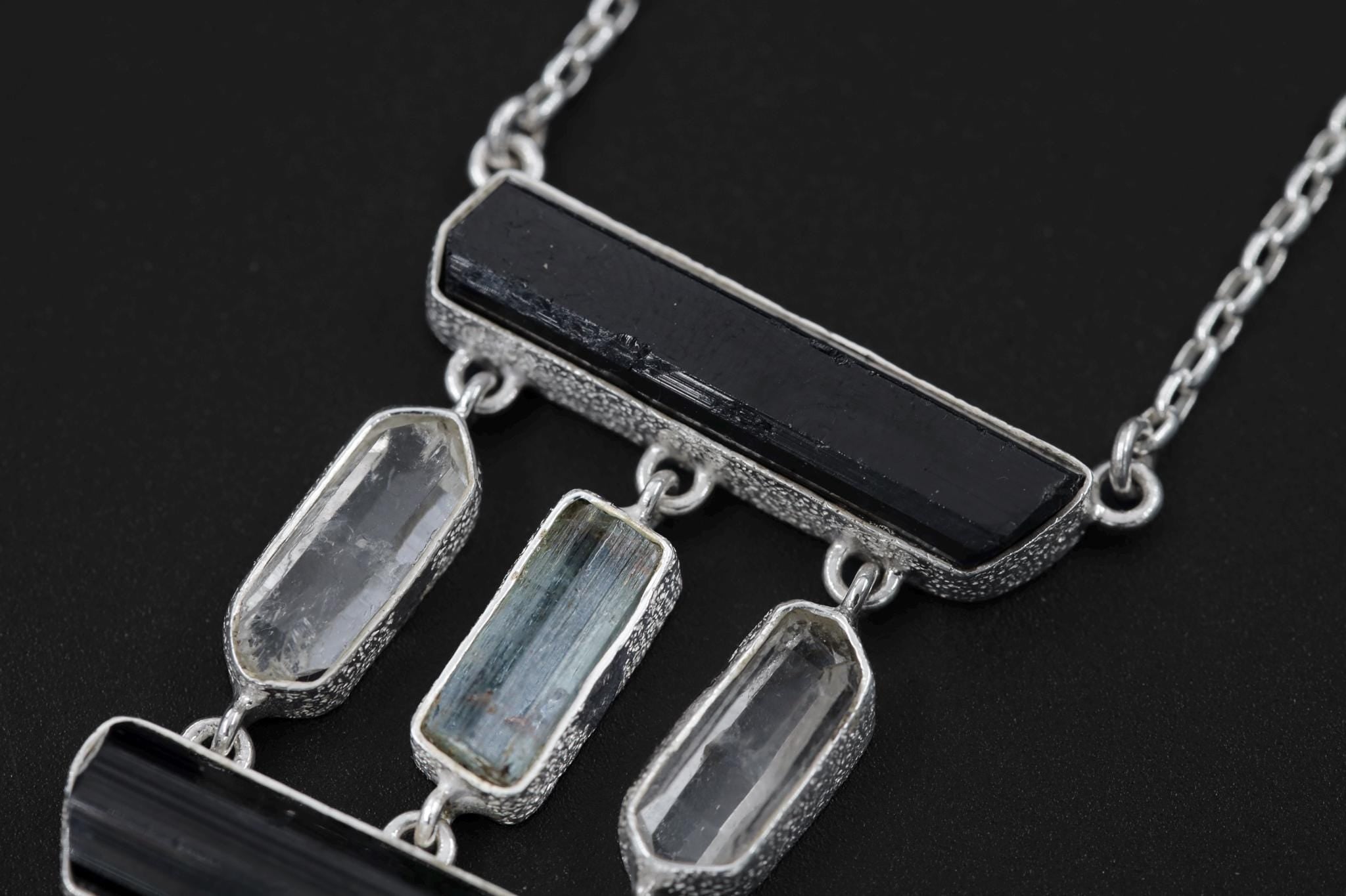Black tourmaline Wand, Double Terminated Quartz Points, and Aquamarine Stick 925 Silver, High Shine Finish, Energy Protection Gift