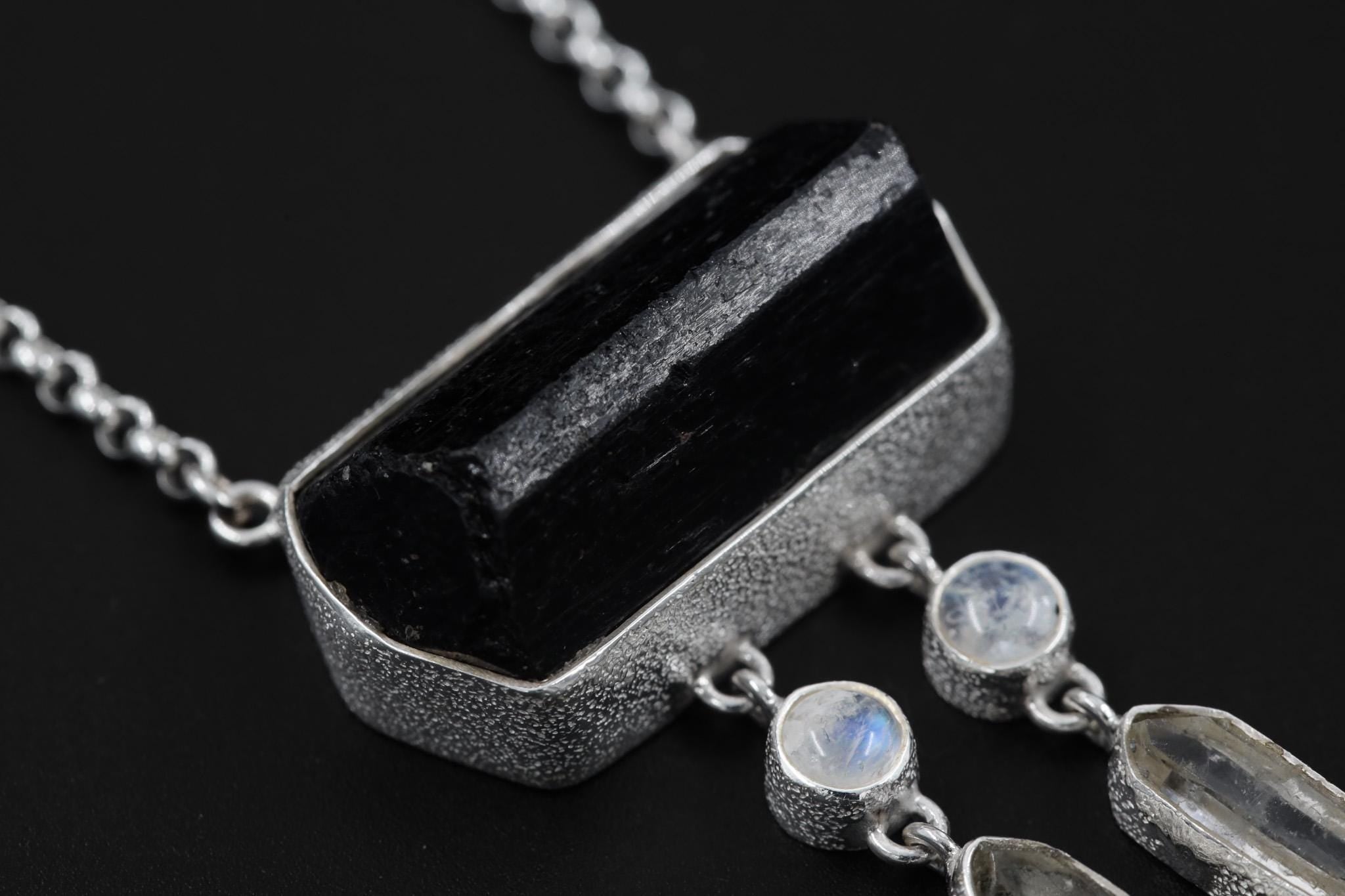 Dravite Tourmaline, Moonstone, Quartz & Rubellite Pendant, 925 Silver Organic Texture, Chakra Healing Crystal Jewelry, Boho Gift