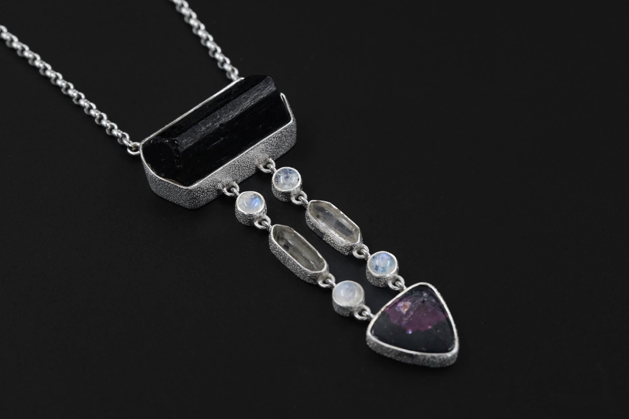 Dravite Tourmaline, Moonstone, Quartz & Rubellite Pendant, 925 Silver Organic Texture, Chakra Healing Crystal Jewelry, Boho Gift