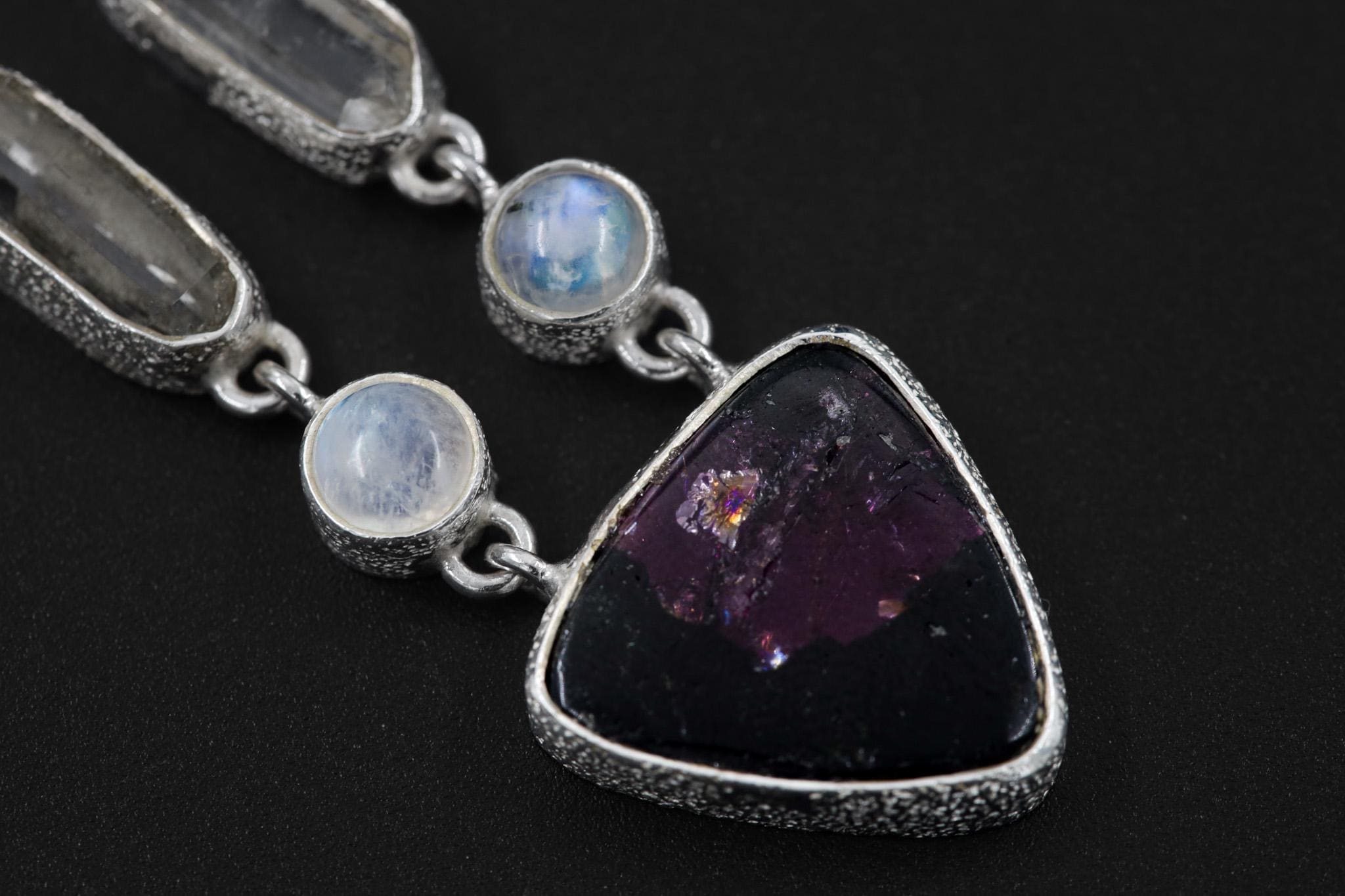 Dravite Tourmaline, Moonstone, Quartz & Rubellite Pendant, 925 Silver Organic Texture, Chakra Healing Crystal Jewelry, Boho Gift