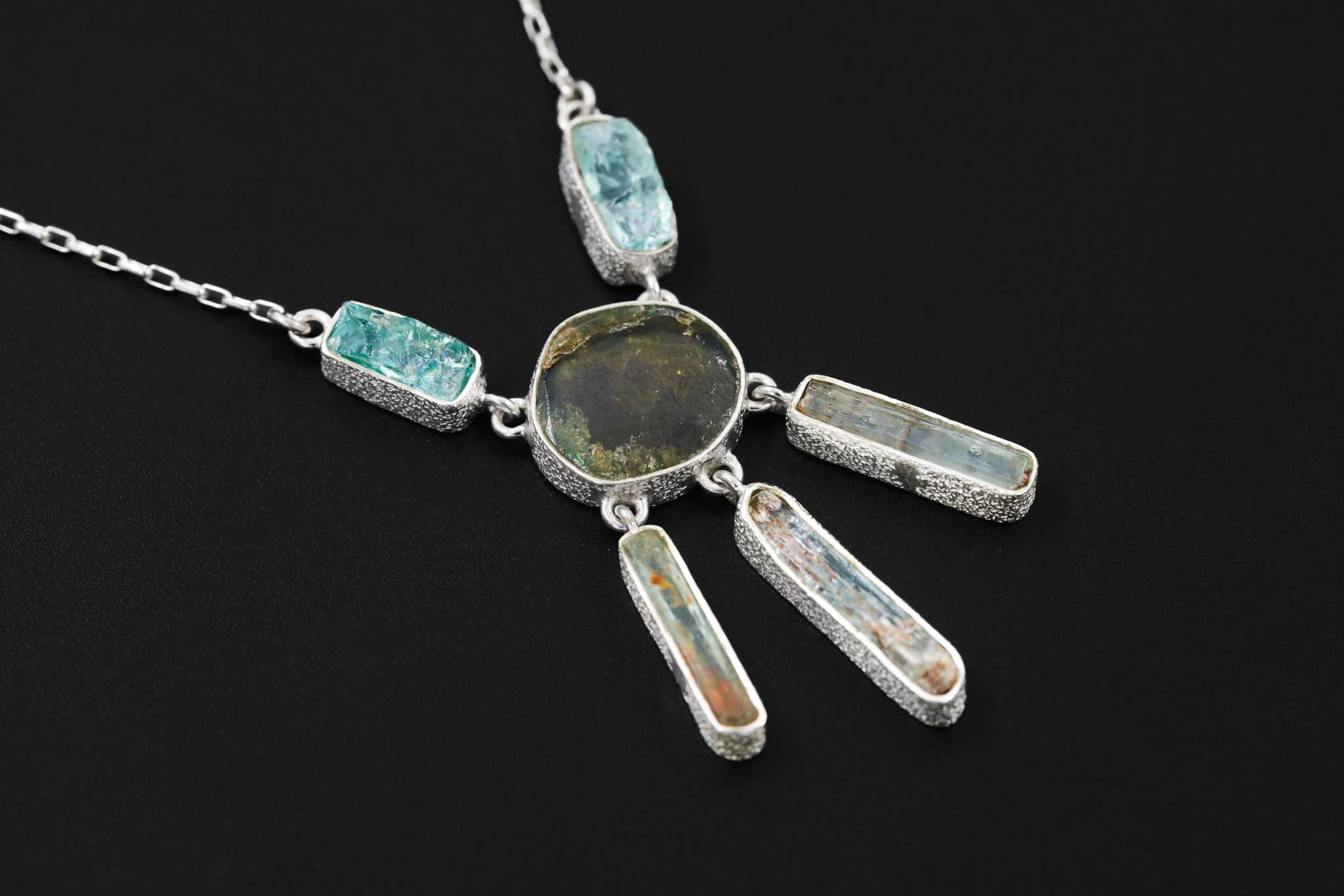 Green Tourmaline Slice, Gem Blue apatite, Aquamarine wand Necklace, 925 Silver with Box Chain, High Polish, Organic Texture, Gift for Her