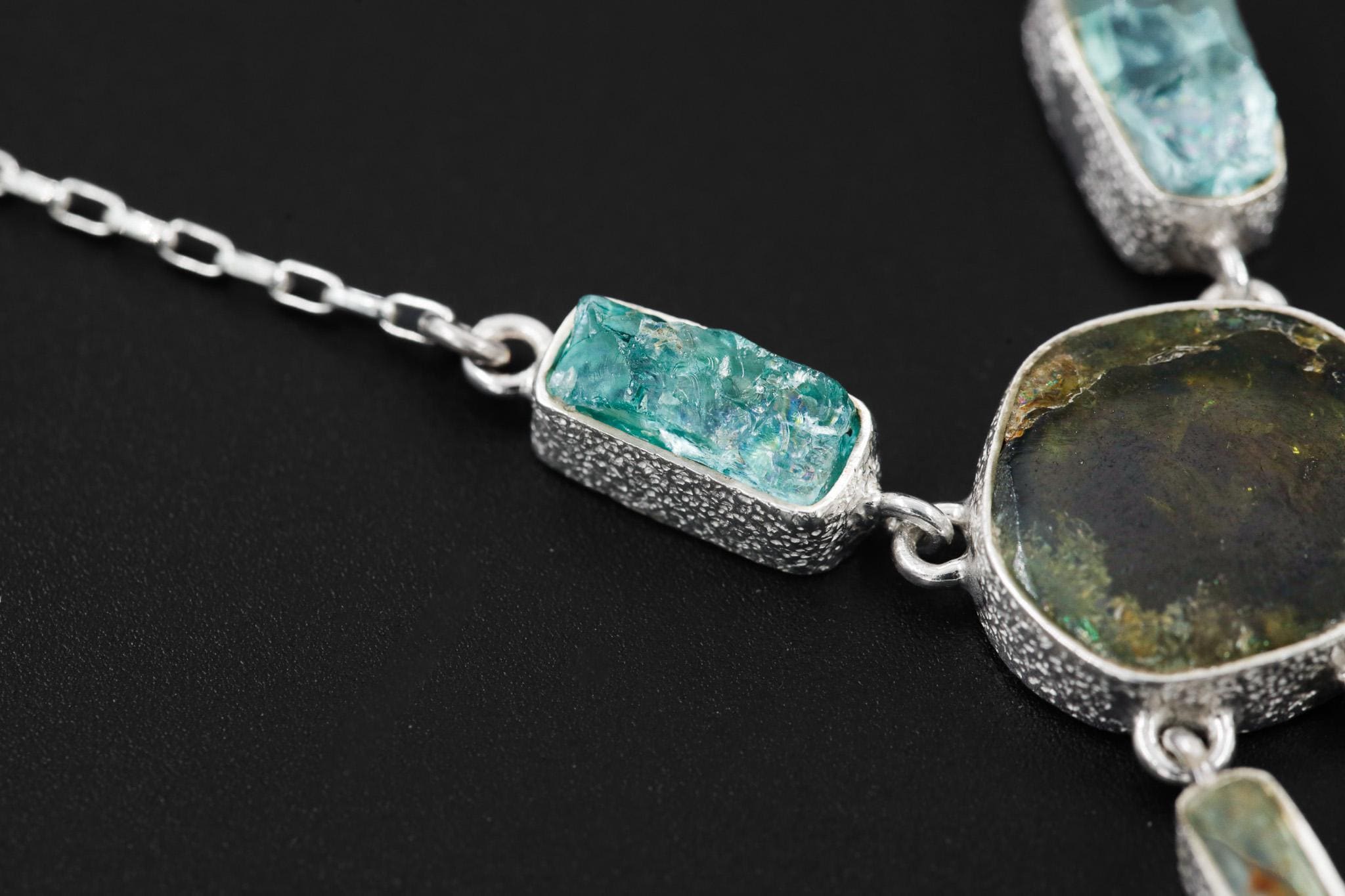 Green Tourmaline Slice, Gem Blue apatite, Aquamarine wand Necklace, 925 Silver with Box Chain, High Polish, Organic Texture, Gift for Her