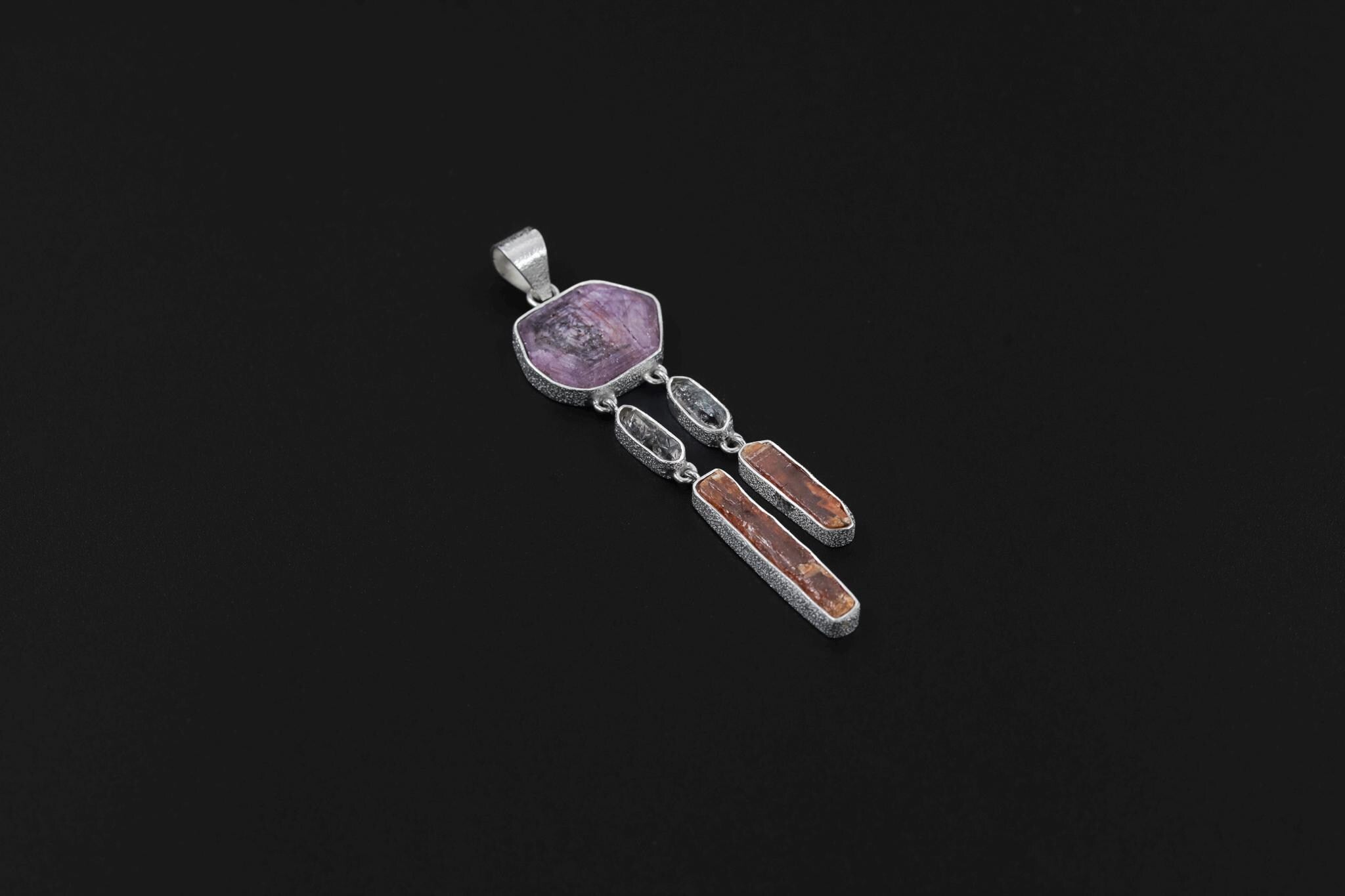 Dream Catcher Dangle Raw Gem Ruby, Petroleum Smoky Quartz & Rare Red Gem Kyanite Pendant, 925 Silver, Organic Texture, Crystal talisman Gift