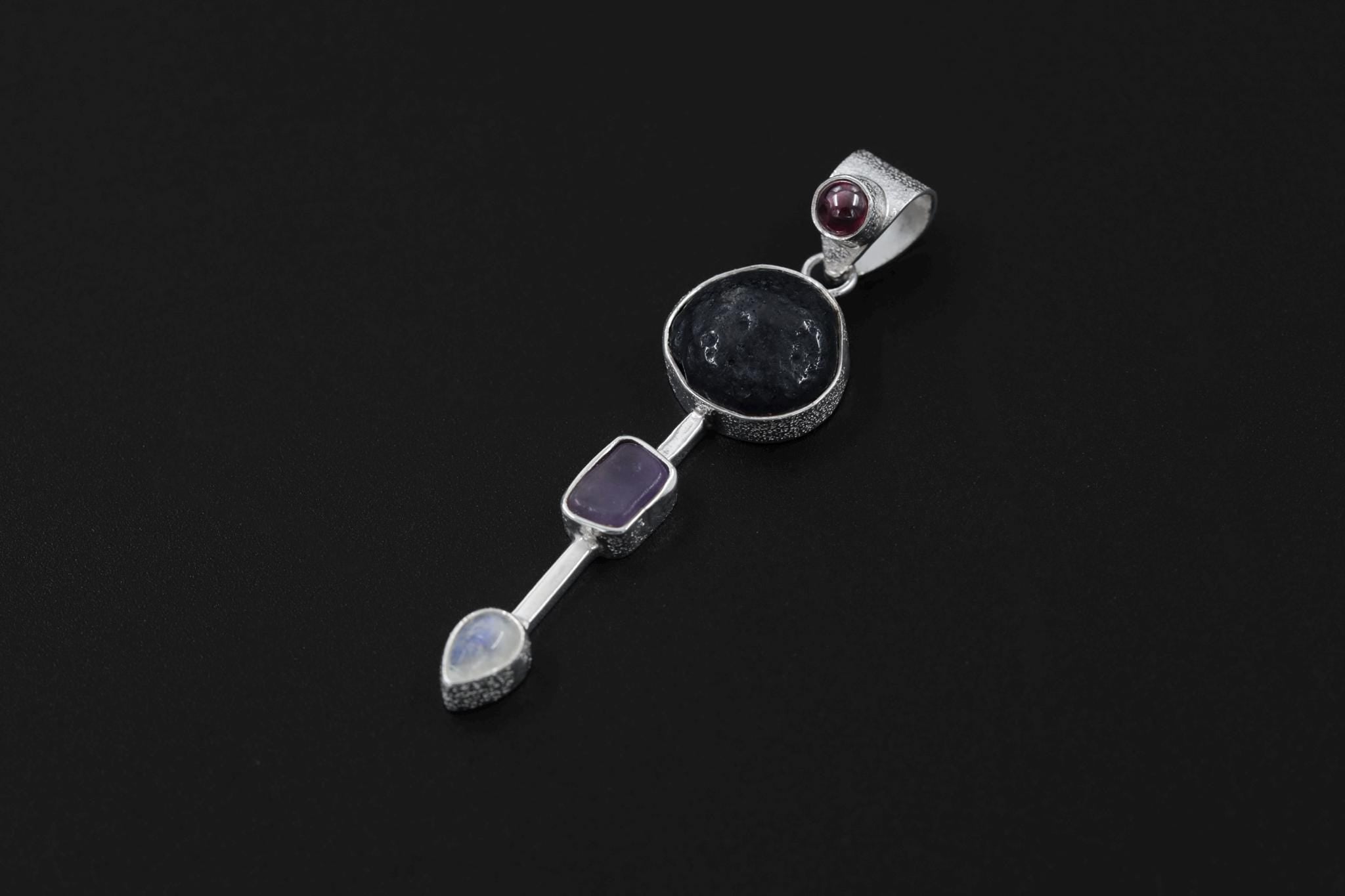 Garnet Tektite Moonstone Amethyst Pendant 925 Silver Vertical Gemstone Necklace Spiritual Protection Gift