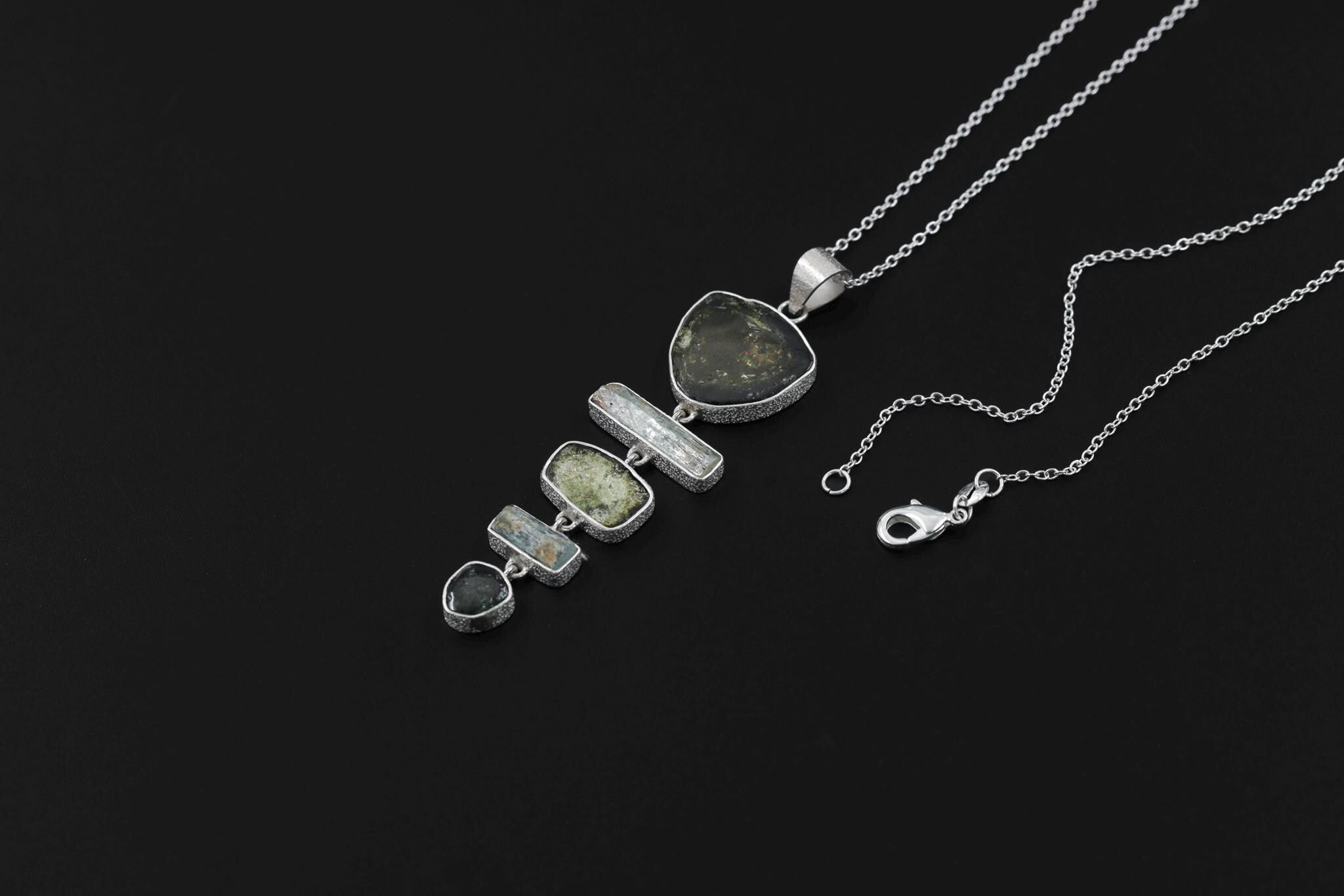 Green Tourmaline Slices, Raw Australian Aquamarine Sticks, Textured 925 Sterling Silver Pendant, Raw Crystal Jewelry, Healing Stone Gift