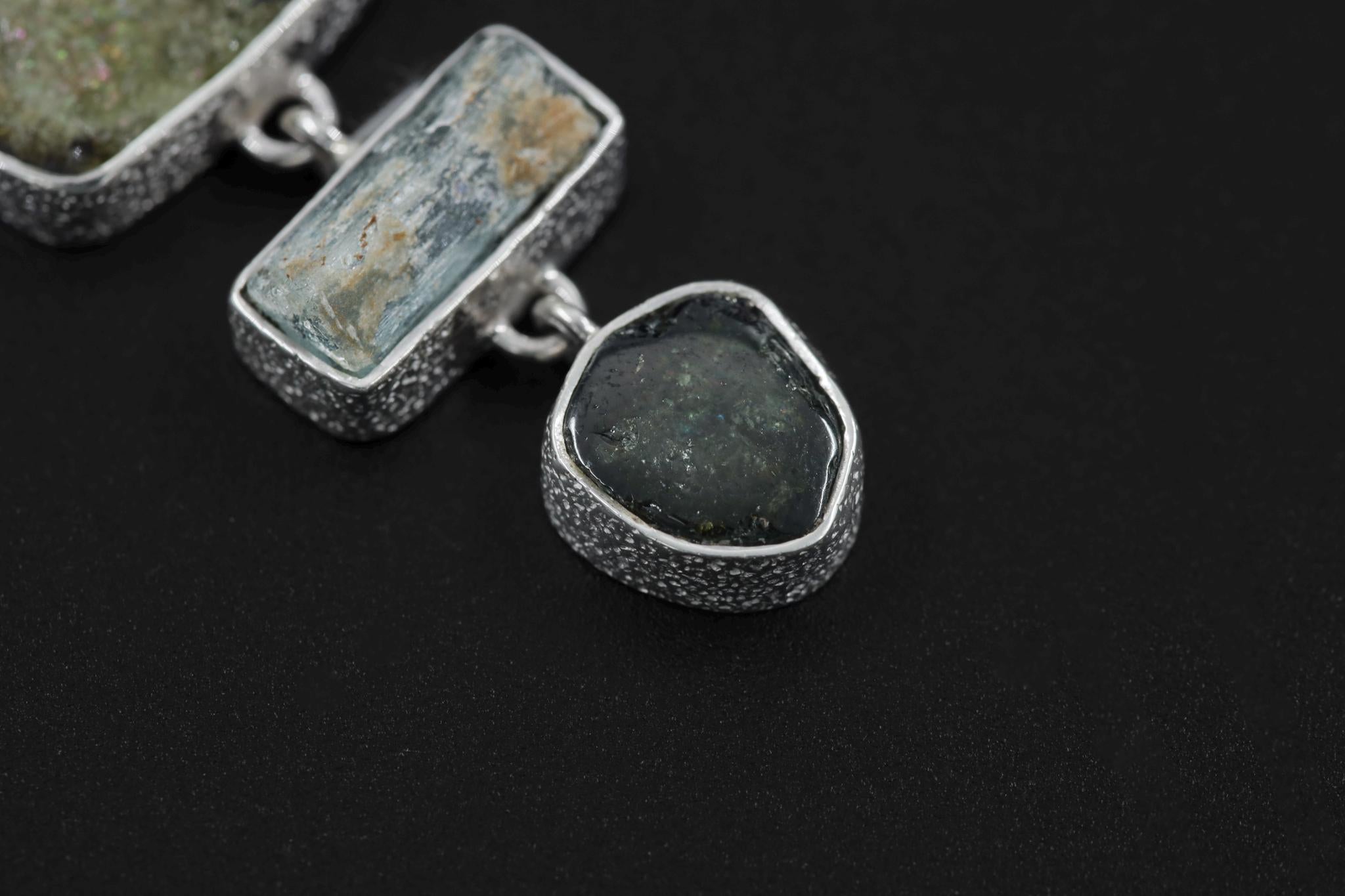 Green Tourmaline Slices, Raw Australian Aquamarine Sticks, Textured 925 Sterling Silver Pendant, Raw Crystal Jewelry, Healing Stone Gift