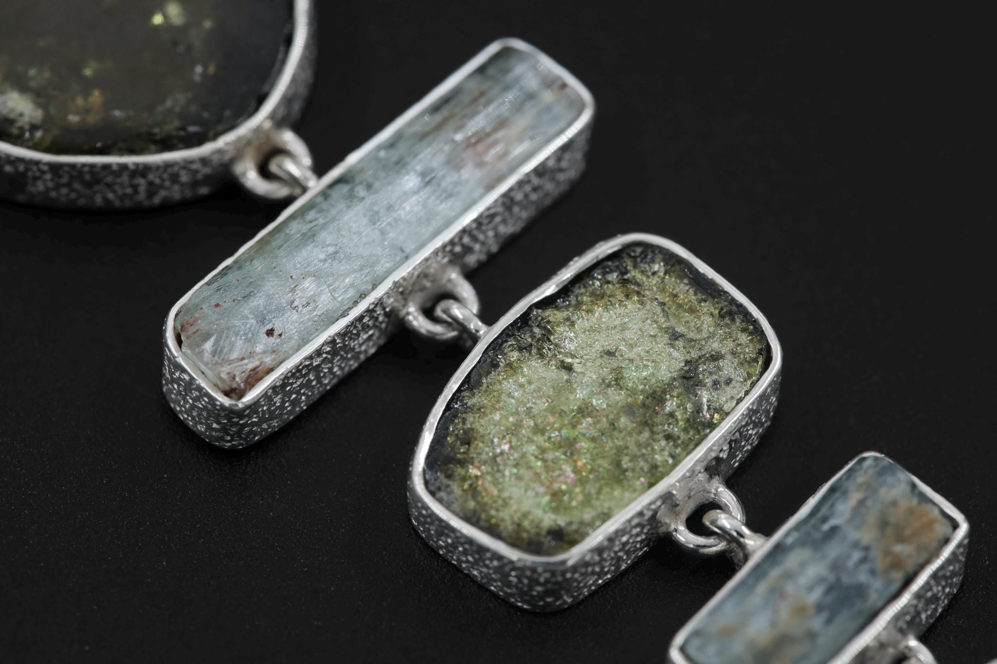 Green Tourmaline Slices, Raw Australian Aquamarine Sticks, Textured 925 Sterling Silver Pendant, Raw Crystal Jewelry, Healing Stone Gift
