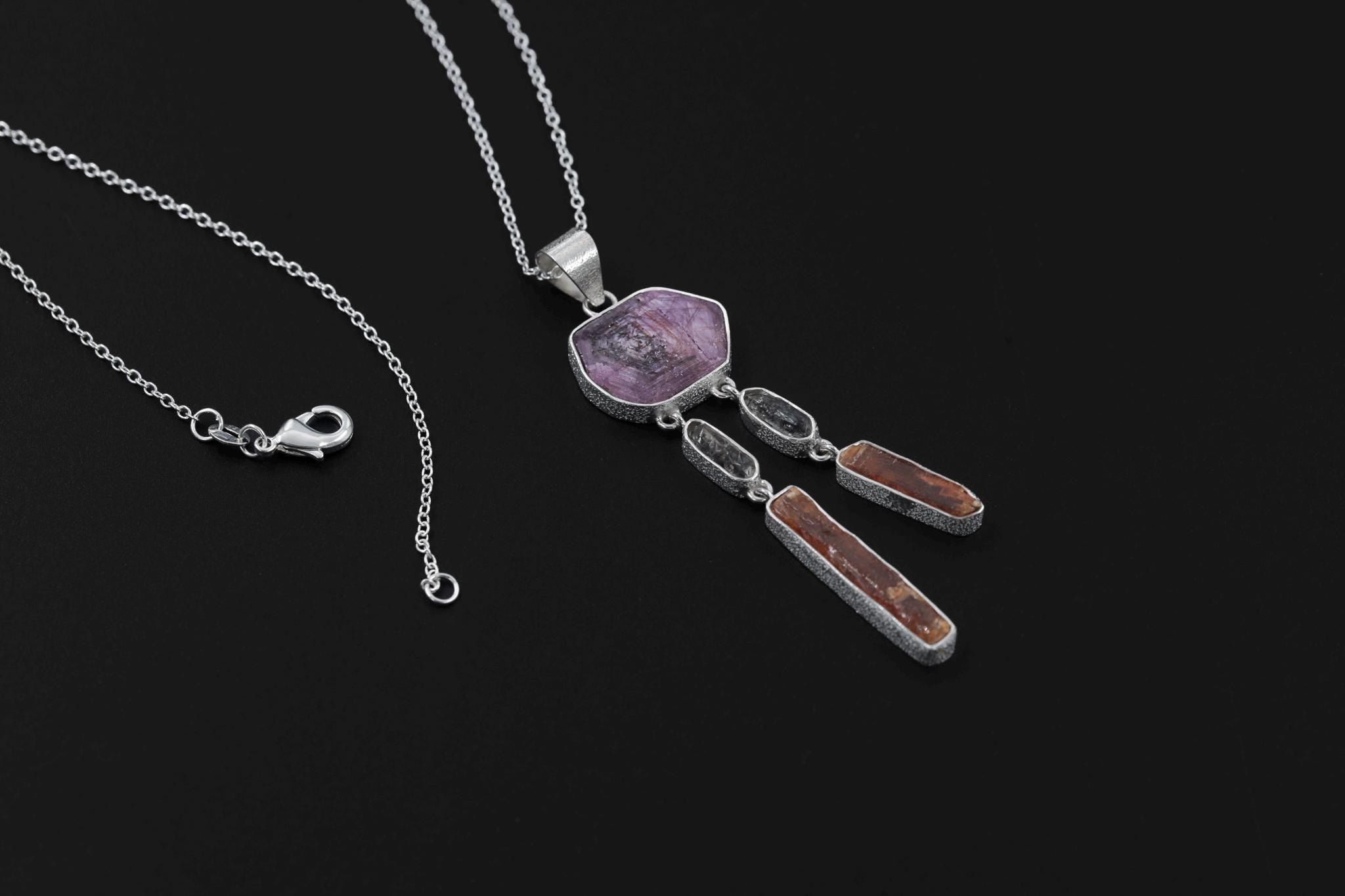 Ruby Flame Pendant 925 Sterling Silver Red Kyanite Smoky Quartz Dangle Necklace Courage Protection Gift
