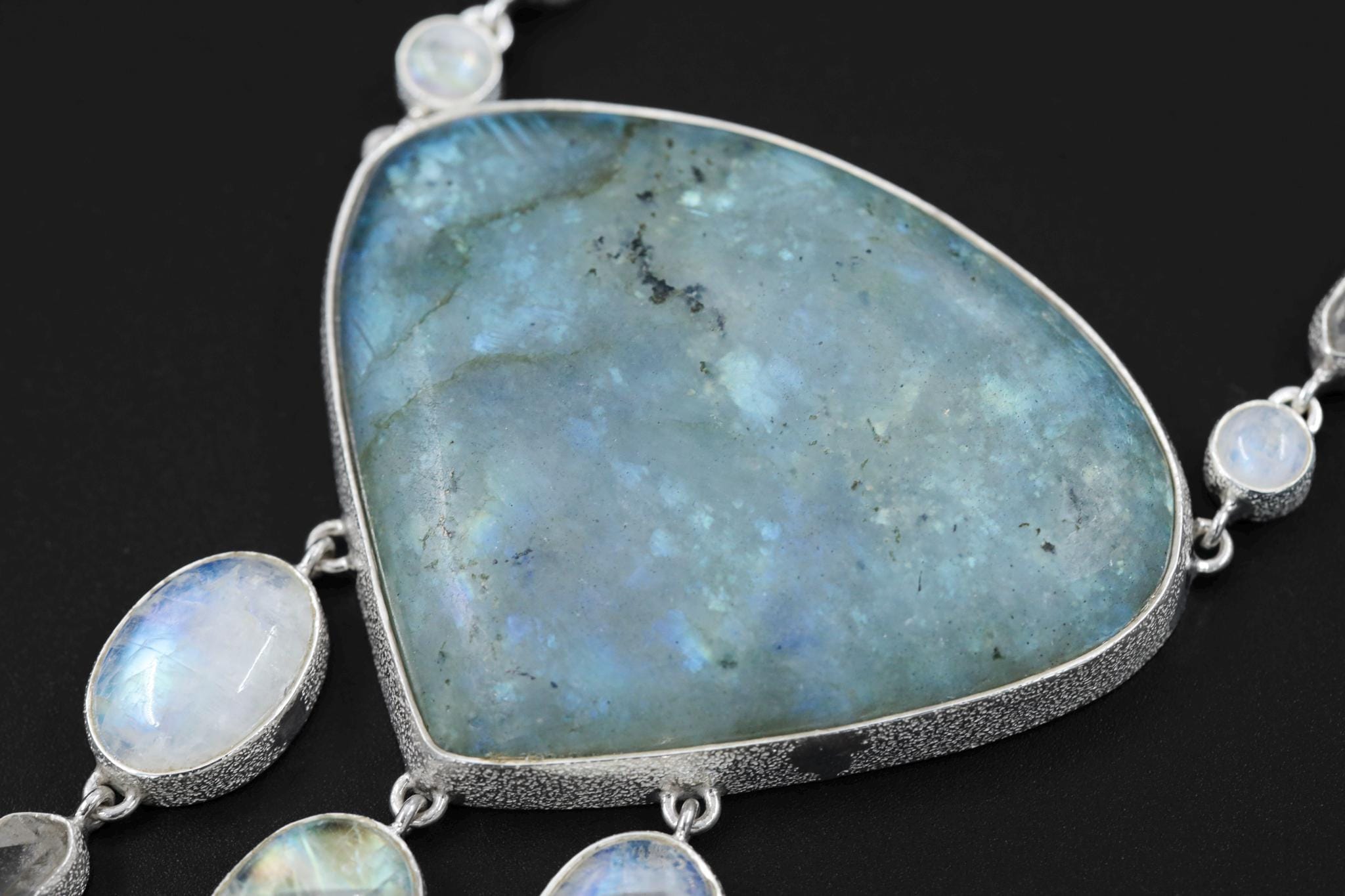 Vibrant Labradorite, Blue Moonstone, Clear double terminated Quartz Necklace, 925 Silver, Rolo Chain, Stone Jewelry, Organic Texture Gift