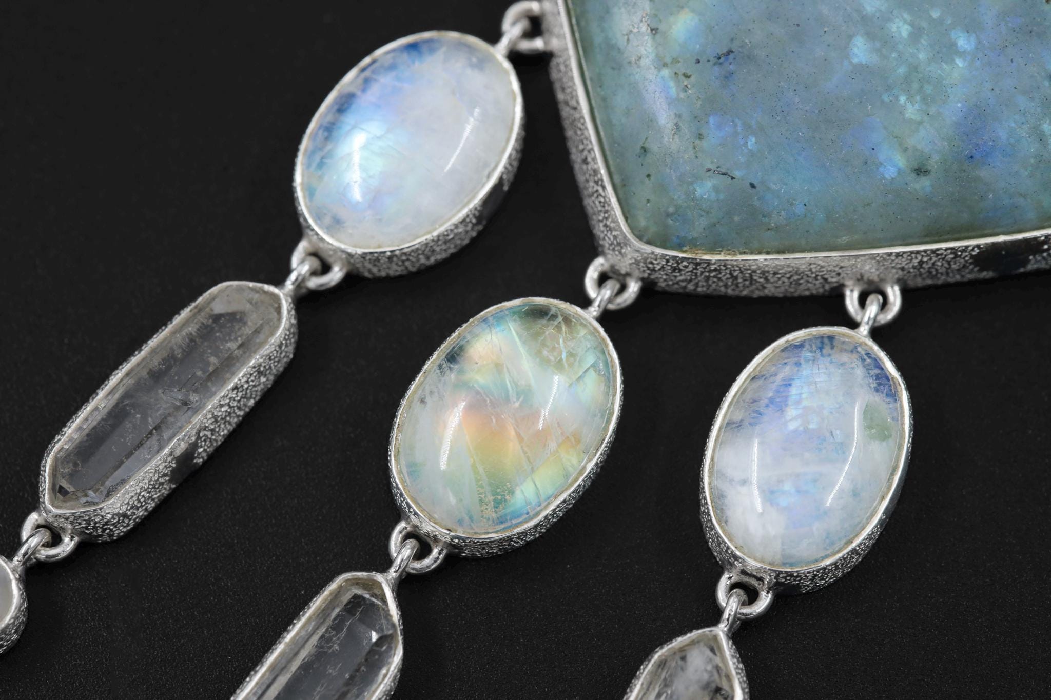 Vibrant Labradorite, Blue Moonstone, Clear double terminated Quartz Necklace, 925 Silver, Rolo Chain, Stone Jewelry, Organic Texture Gift