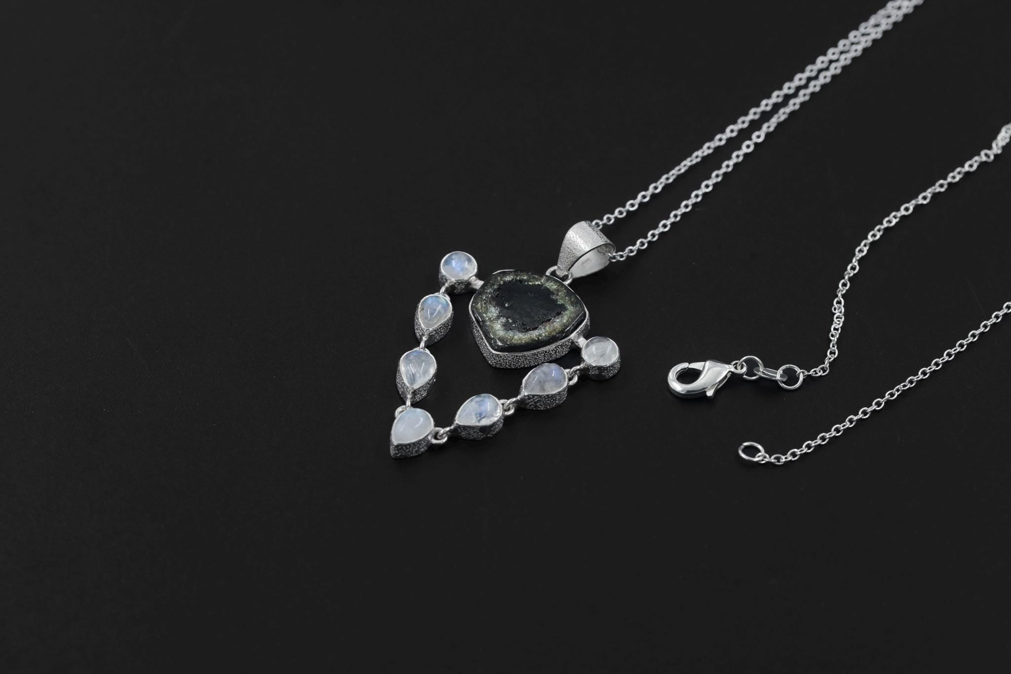 Spiritual Talisman Jewelry, Green Gem Tourmaline Slice, Blue Teardrop Moonstone Pendant, 925 Silver, Polished Organic Texture, Unique Gift