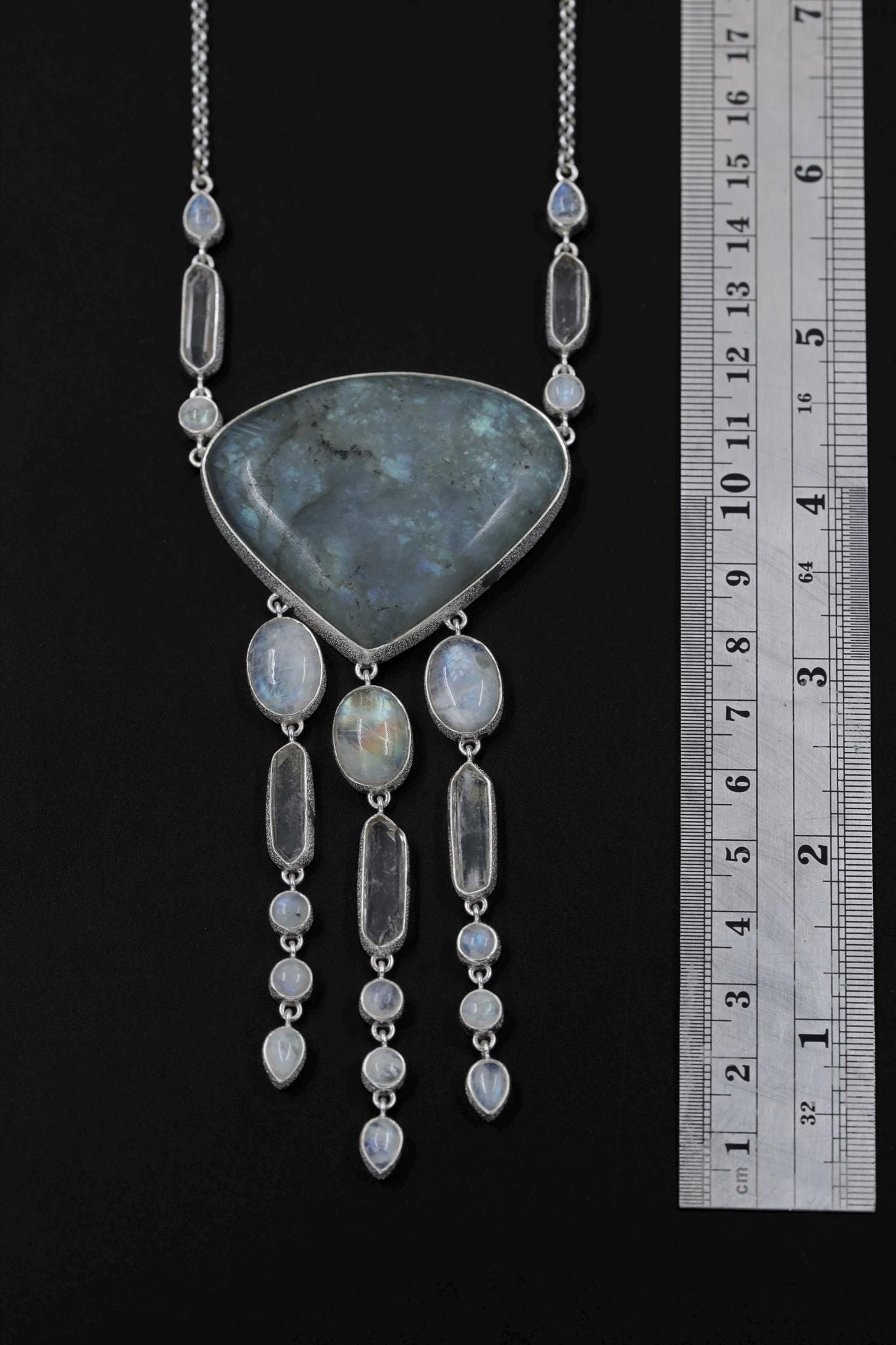 Vibrant Labradorite, Blue Moonstone, Clear double terminated Quartz Necklace, 925 Silver, Rolo Chain, Stone Jewelry, Organic Texture Gift