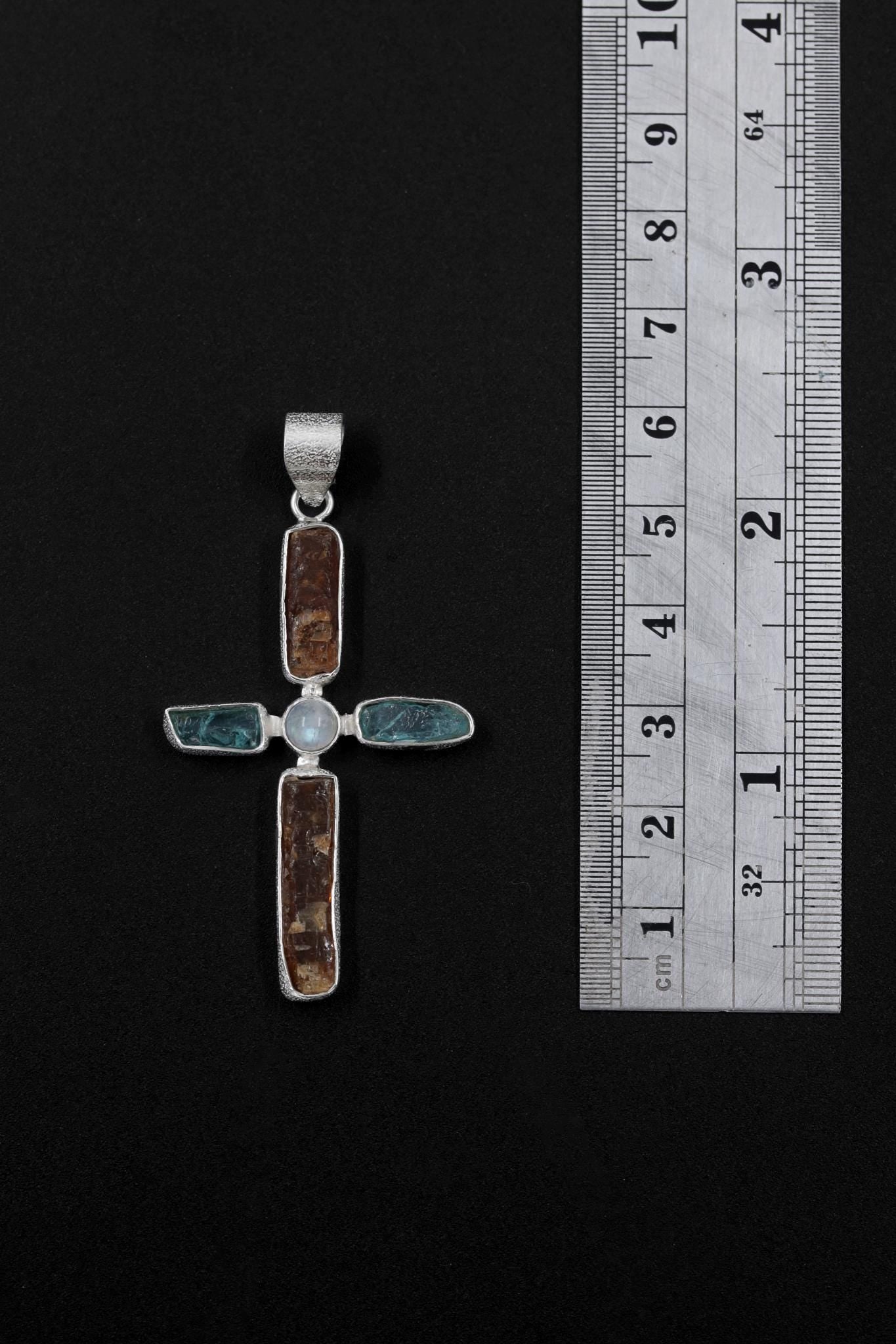 Red Kyanite Moonstone Cross Pendant: Raw Stone 925 Sterling Silver
