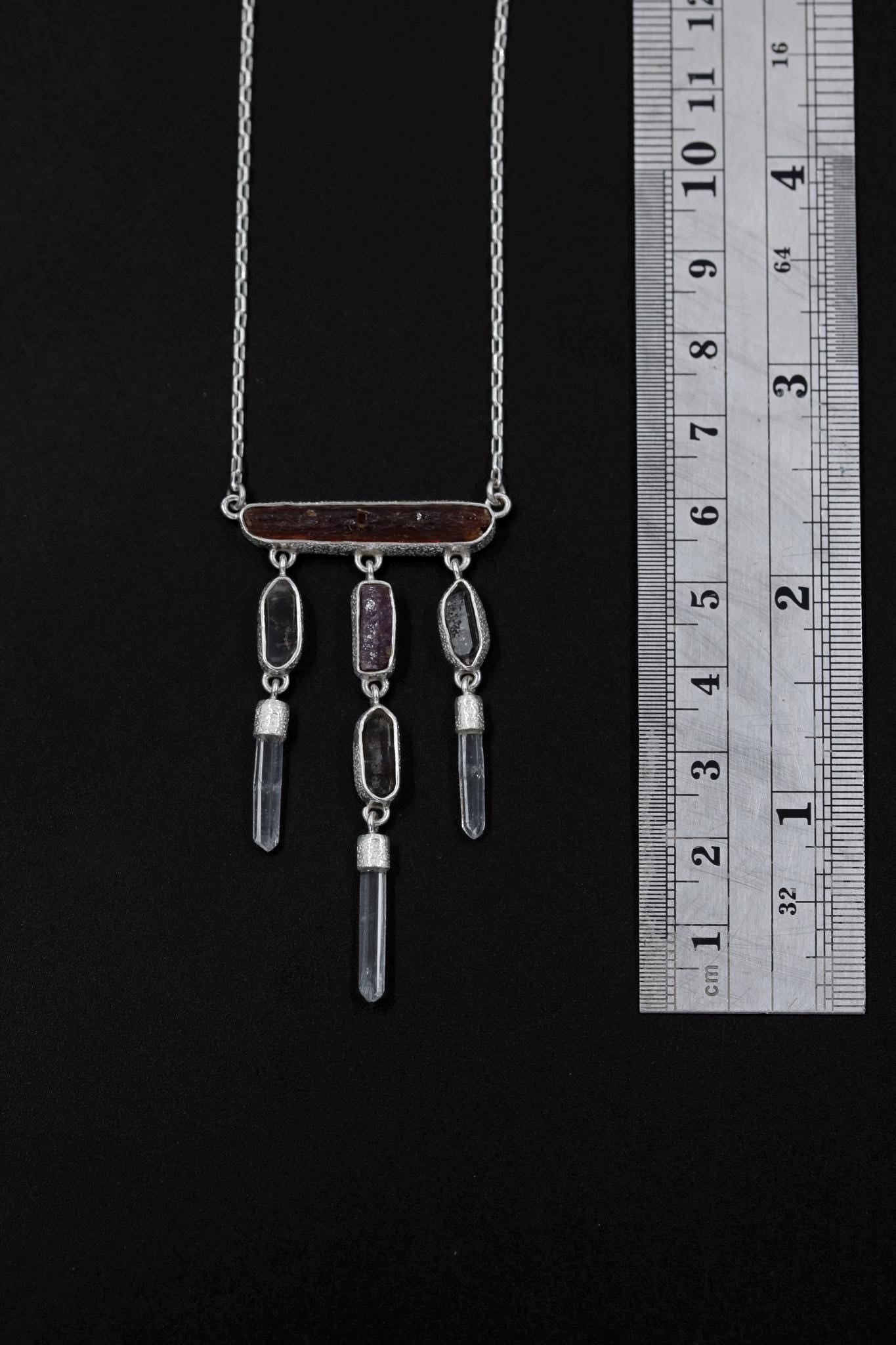 Red Kyanite, Ruby, Petroleum Smoky Quartz, Clear Quartz Necklace, 925 Silver Totem Pendant, Raw Crystal, Spiritual Jewelry, Statement Gift