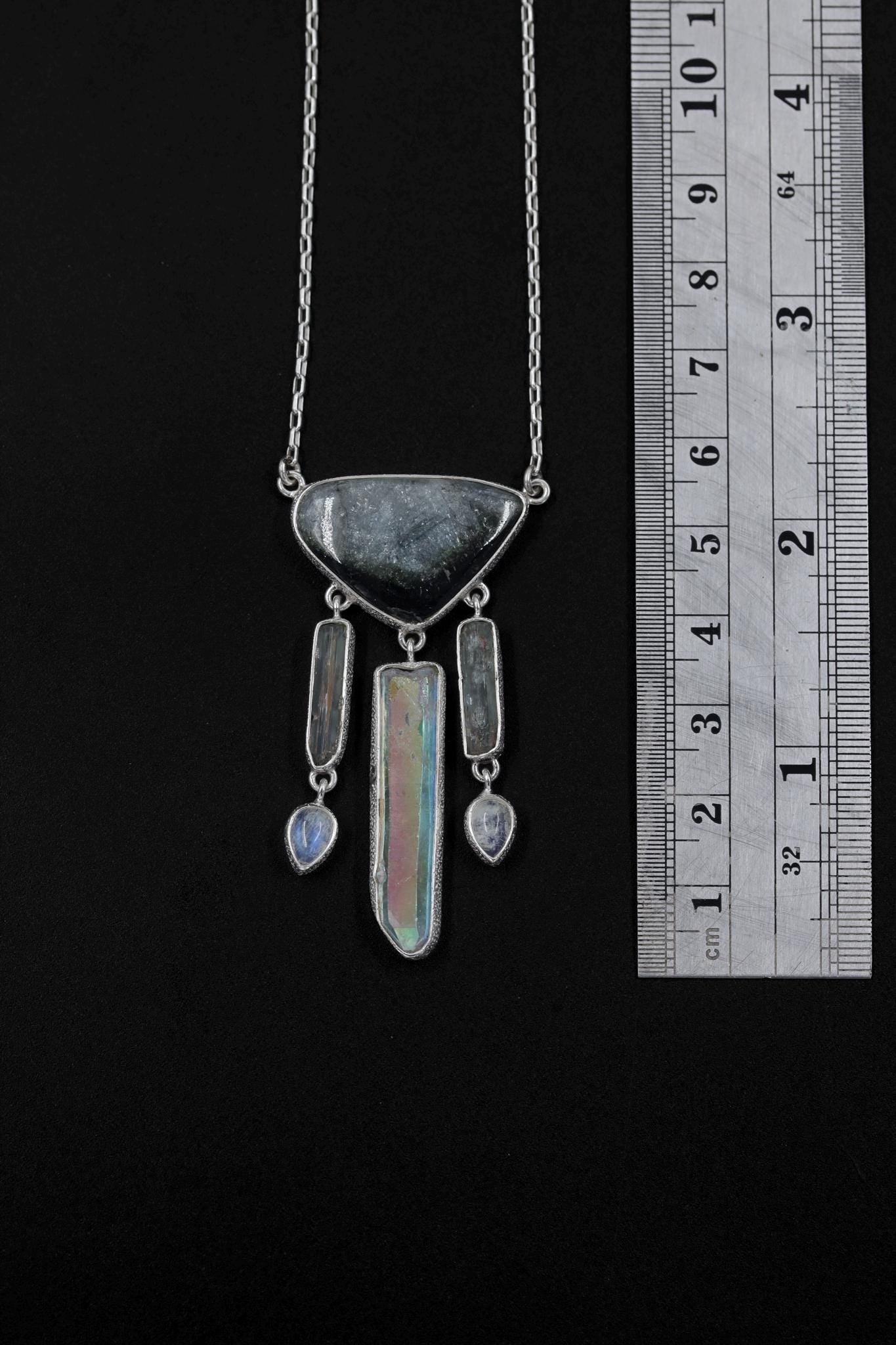 Slice of Gem Blue tourmaline, Raw Aquamarine sticks, Lemurian Angel Aura Quartz, Blue Moonstone Necklace, 925 Silver, High Shine Finish