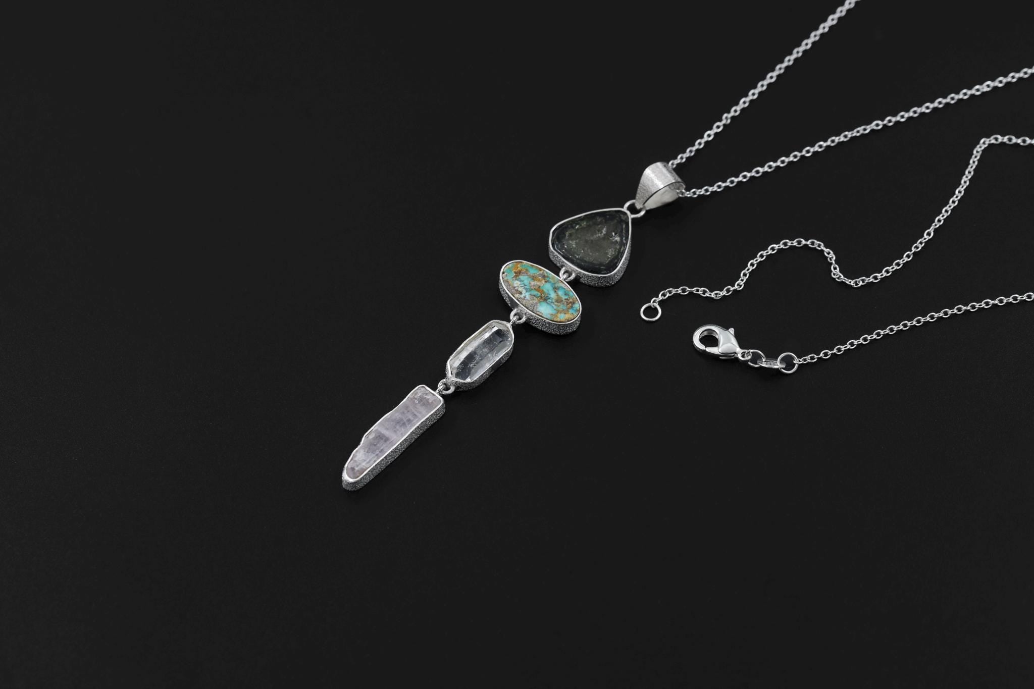Green Tourmaline Gem Slice, Arizona Turquoise, DT Clear Quartz Point, Kunzite Pendant, 925 Silver, Organic Texture, Spiritual Jewelry Gift
