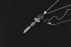 Green Tourmaline Gem Slice, Arizona Turquoise, DT Clear Quartz Point, Kunzite Pendant, 925 Silver, Organic Texture, Spiritual Jewelry Gift