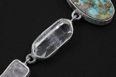 Green Tourmaline Gem Slice, Arizona Turquoise, DT Clear Quartz Point, Kunzite Pendant, 925 Silver, Organic Texture, Spiritual Jewelry Gift