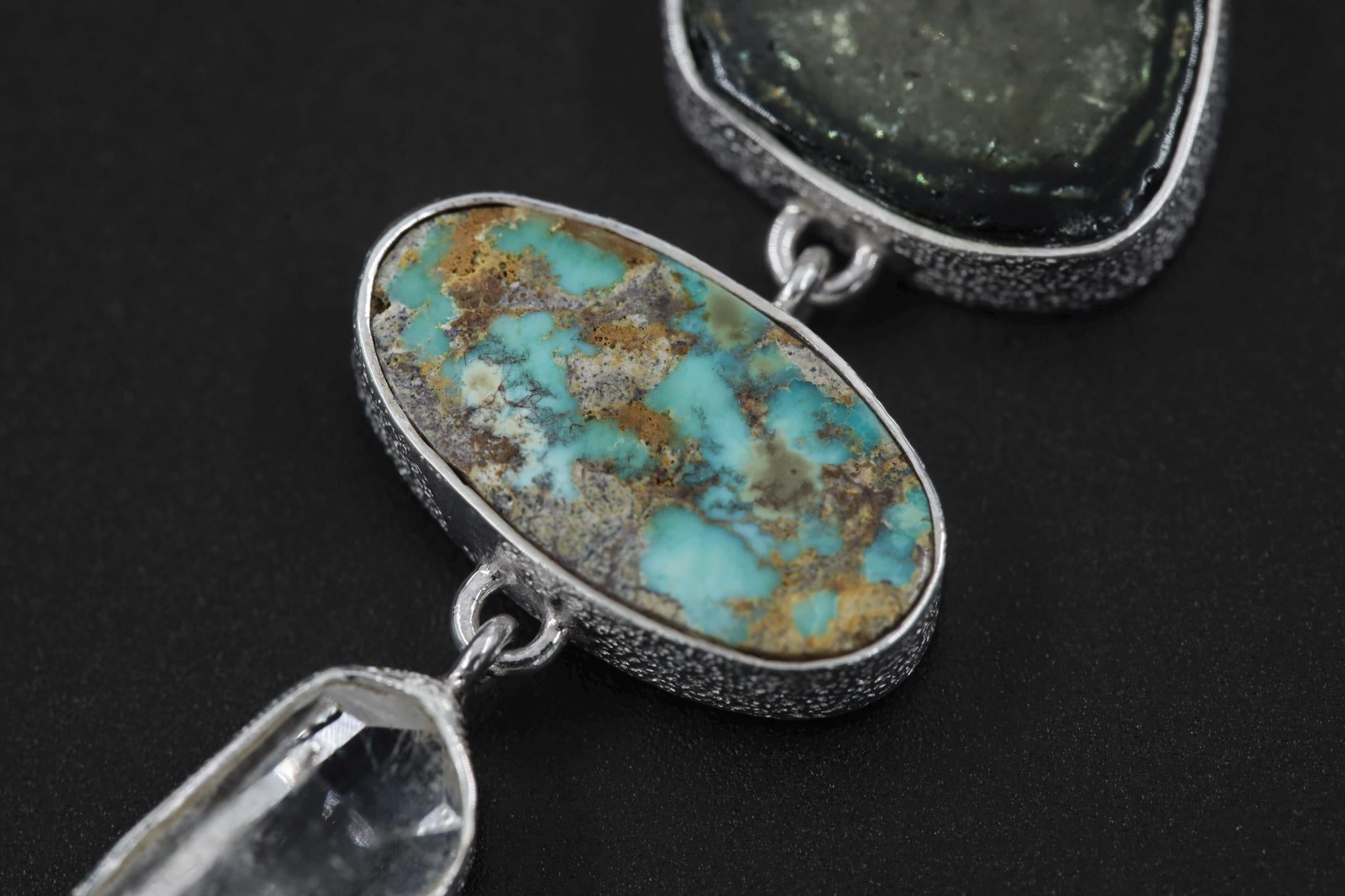 Green Tourmaline Gem Slice, Arizona Turquoise, DT Clear Quartz Point, Kunzite Pendant, 925 Silver, Organic Texture, Spiritual Jewelry Gift