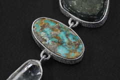 Green Tourmaline Gem Slice, Arizona Turquoise, DT Clear Quartz Point, Kunzite Pendant, 925 Silver, Organic Texture, Spiritual Jewelry Gift