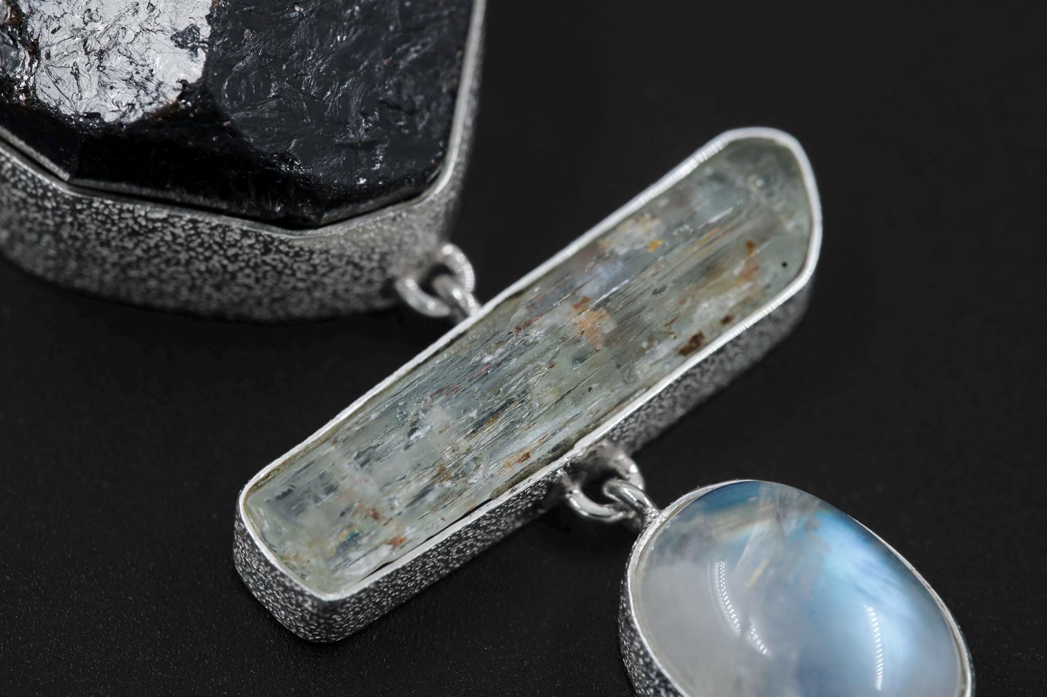 Raw Crystal Talisman Gift Dravite Tourmaline, Raw Aquamarine, blue Moonstone, Arizona Turquoise Pendant, Organic Texture 925 Silver