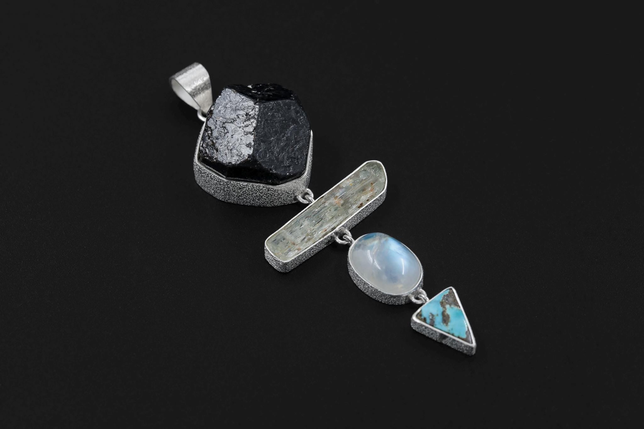 Raw Crystal Talisman Gift Dravite Tourmaline, Raw Aquamarine, blue Moonstone, Arizona Turquoise Pendant, Organic Texture 925 Silver