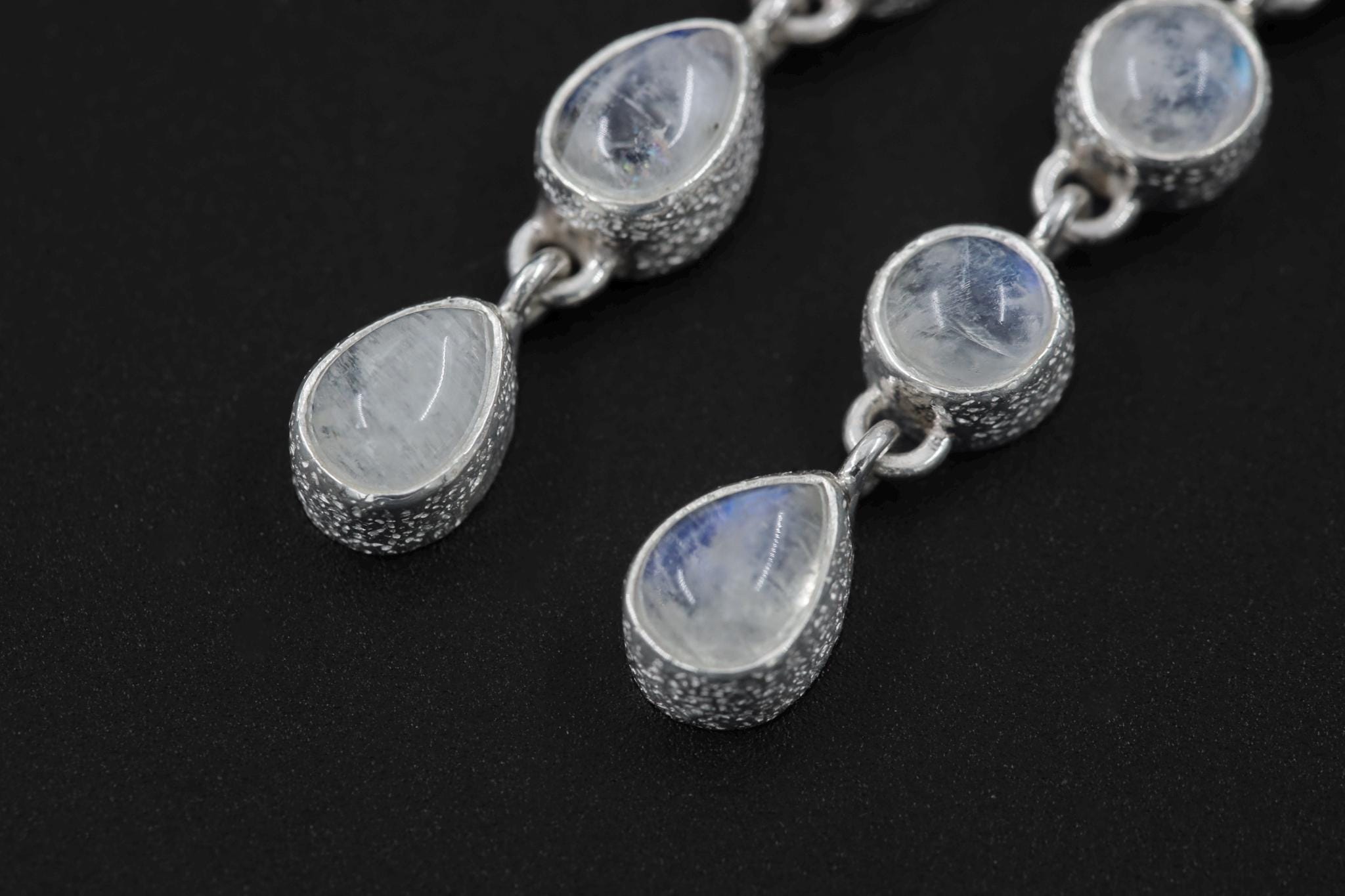 Shungite Moonstone Dangle Pendant, 925 Sterling Silver, Organic Texture